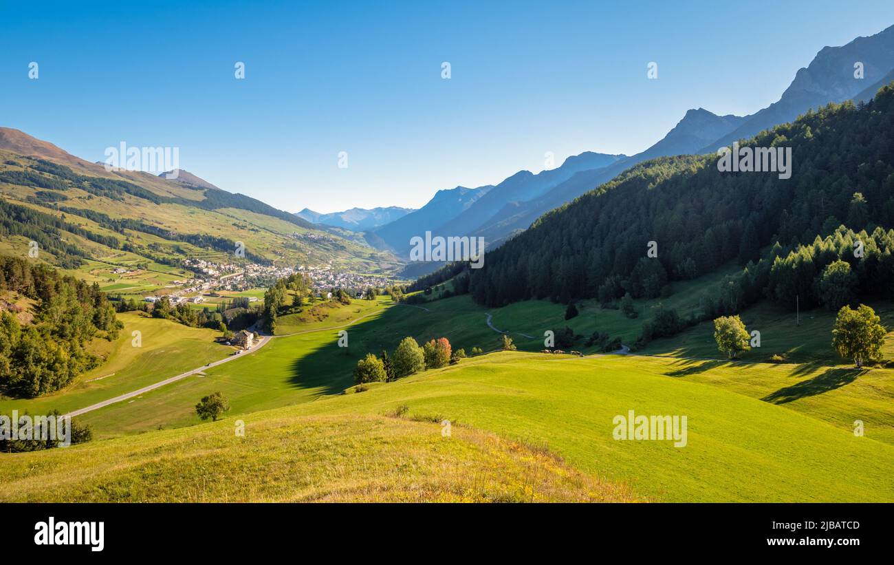 Mountains surrounding Scuol, a village in the canton of Grisons, Switzerland. It is situated within the Lower Engadine valley along the Inn River. Stock Photo