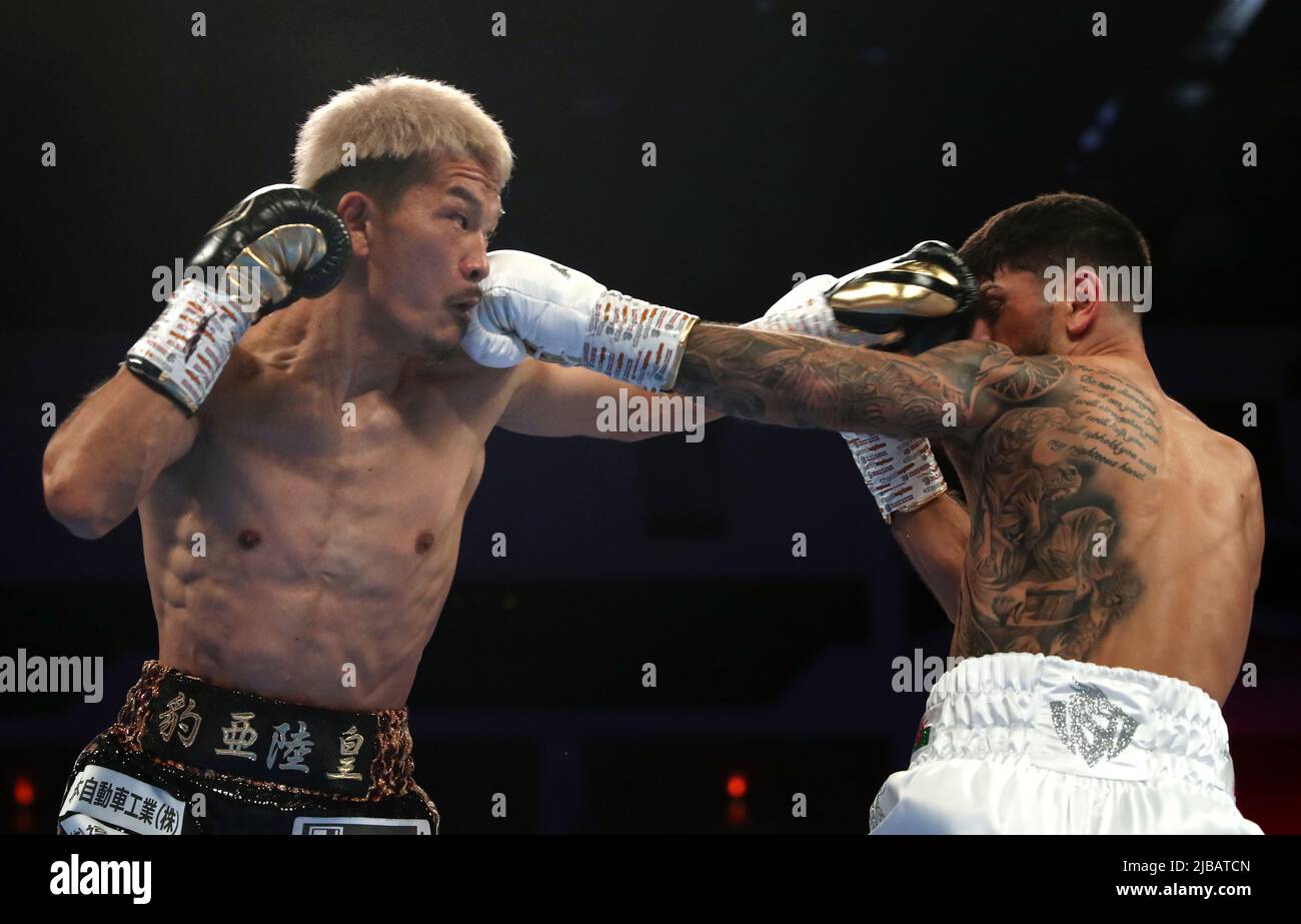 Kenichi Ogawa (left) and Joe Cordina in the International Boxing Federation World Super Feather Title at the Motorpoint Arena Cardiff. Picture date: Saturday June 4, 2022. Stock Photo
