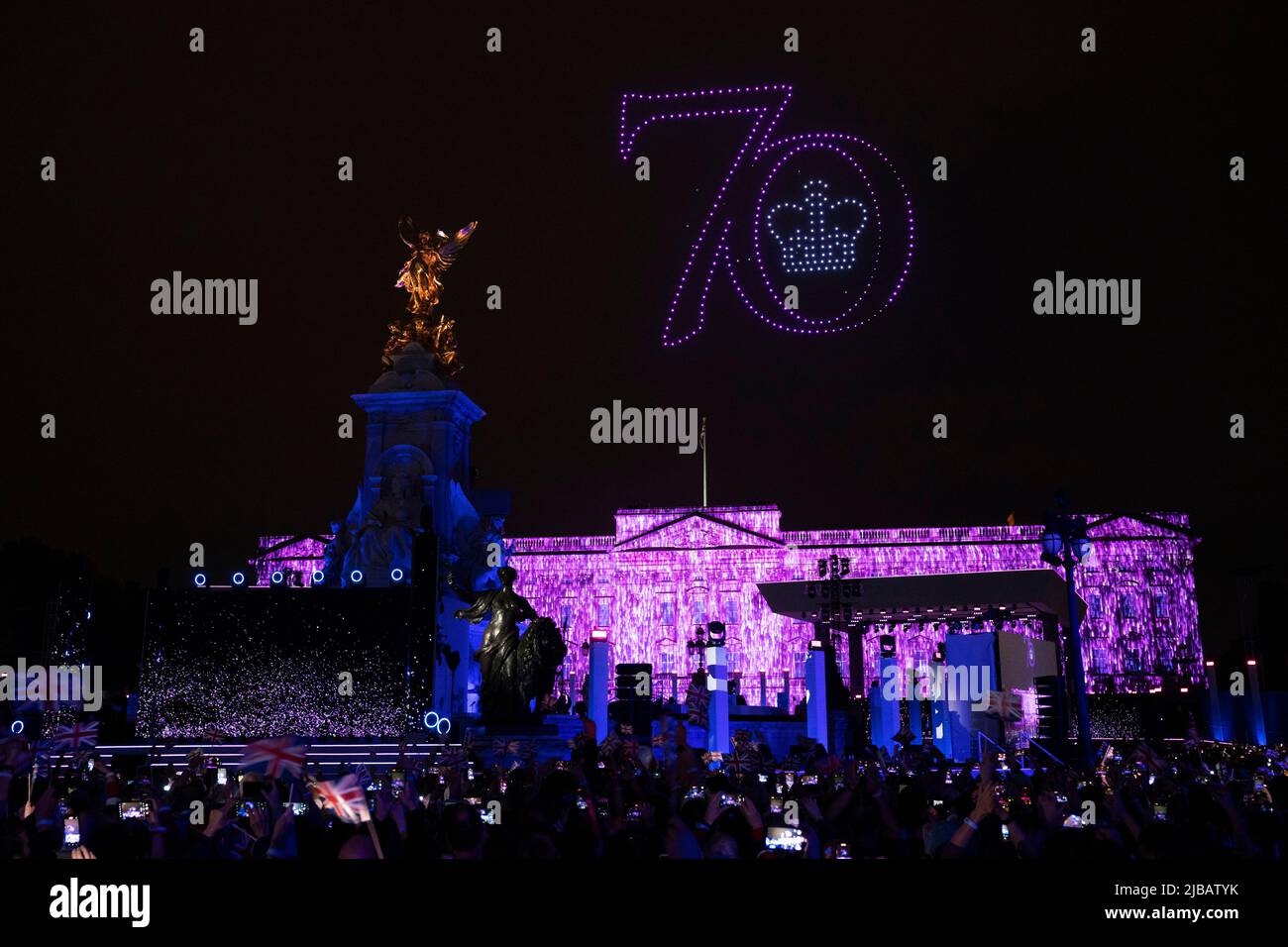 Drones make shapes above the Platinum Party at the Palace in front of