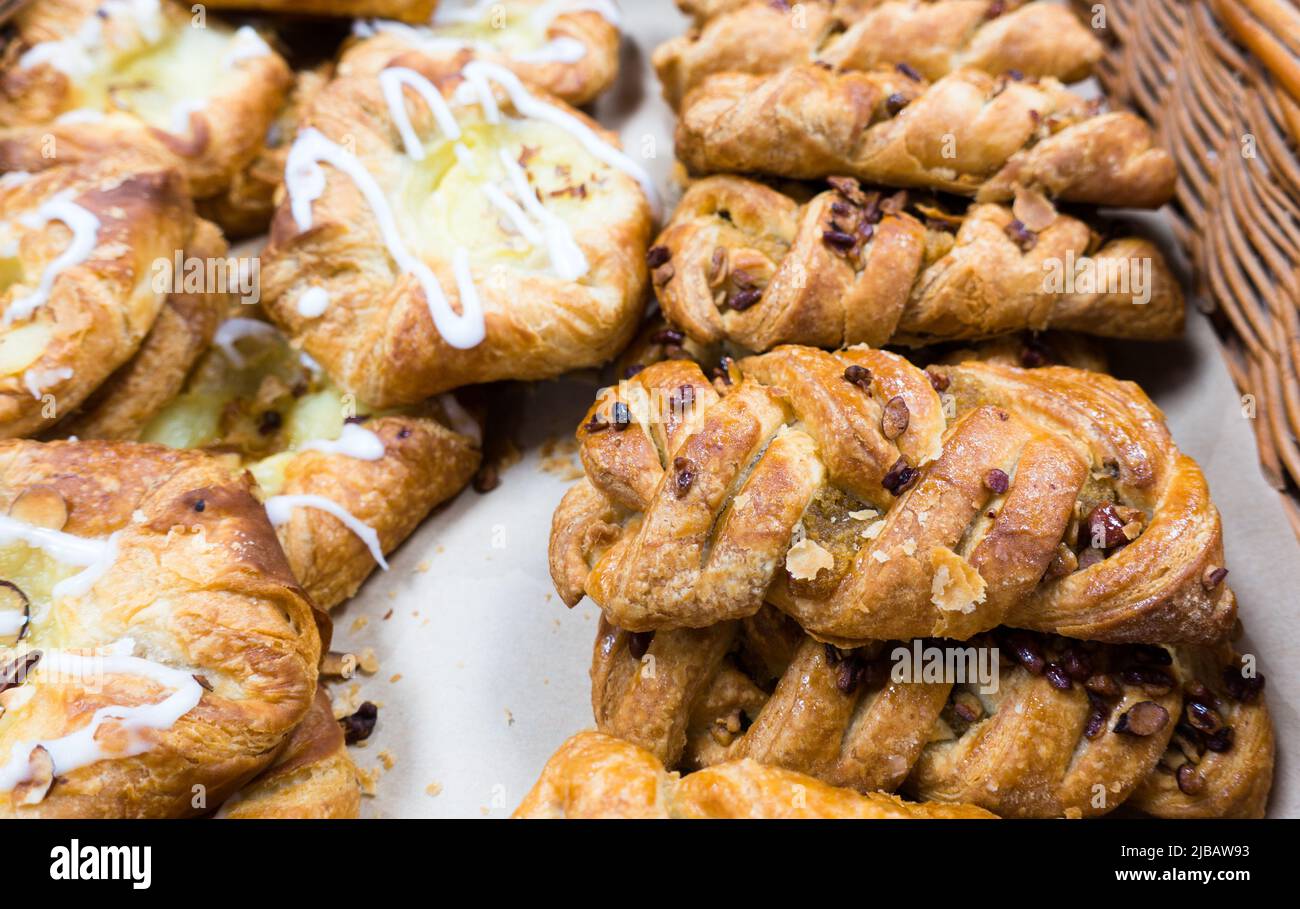 Pecan Plaits sweet treats with flaky pastry in a basket Stock Photo