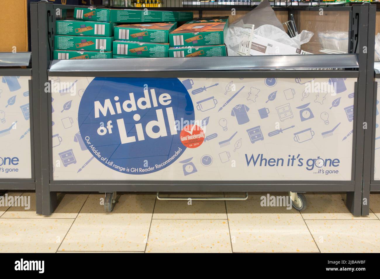 Middle of Lidl aisle where short lived offers are displayed in store Stock Photo