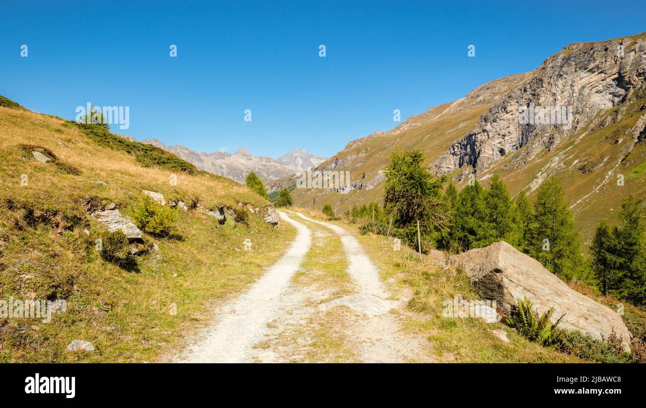 Hiking trails in the Fex Valley (Switzerland) offer nice views when walking from the Fex glacier at the end back towards the beginning near Sils Maria Stock Photo