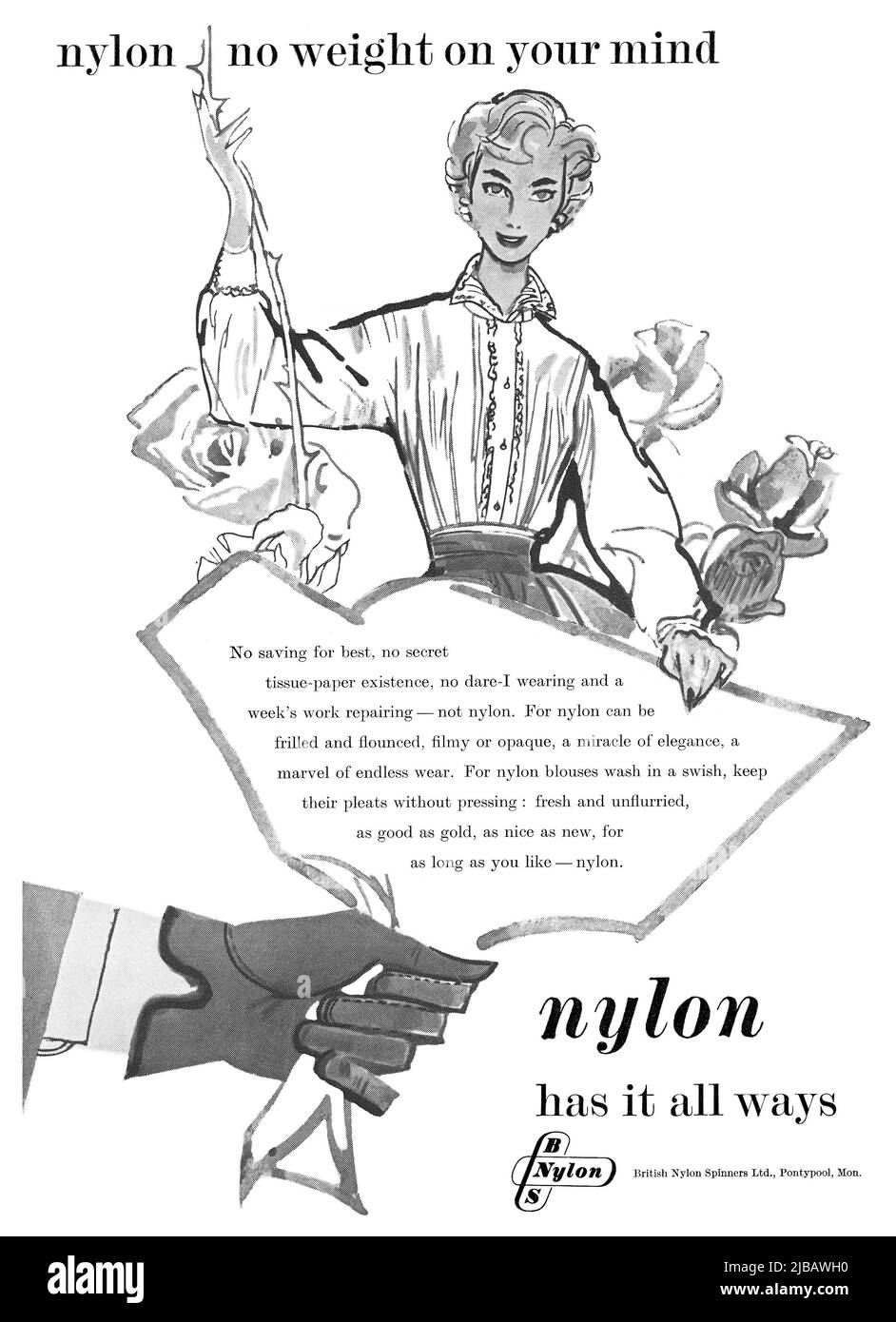 1955 British advertisement for nylon by British Nylon Spinners Ltd. Stock Photo