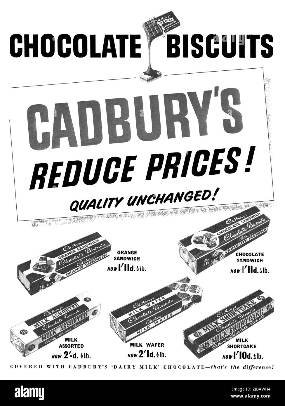 1955 British advertisement for Cadbury's Chocolate Biscuits at reduced prices. Stock Photo