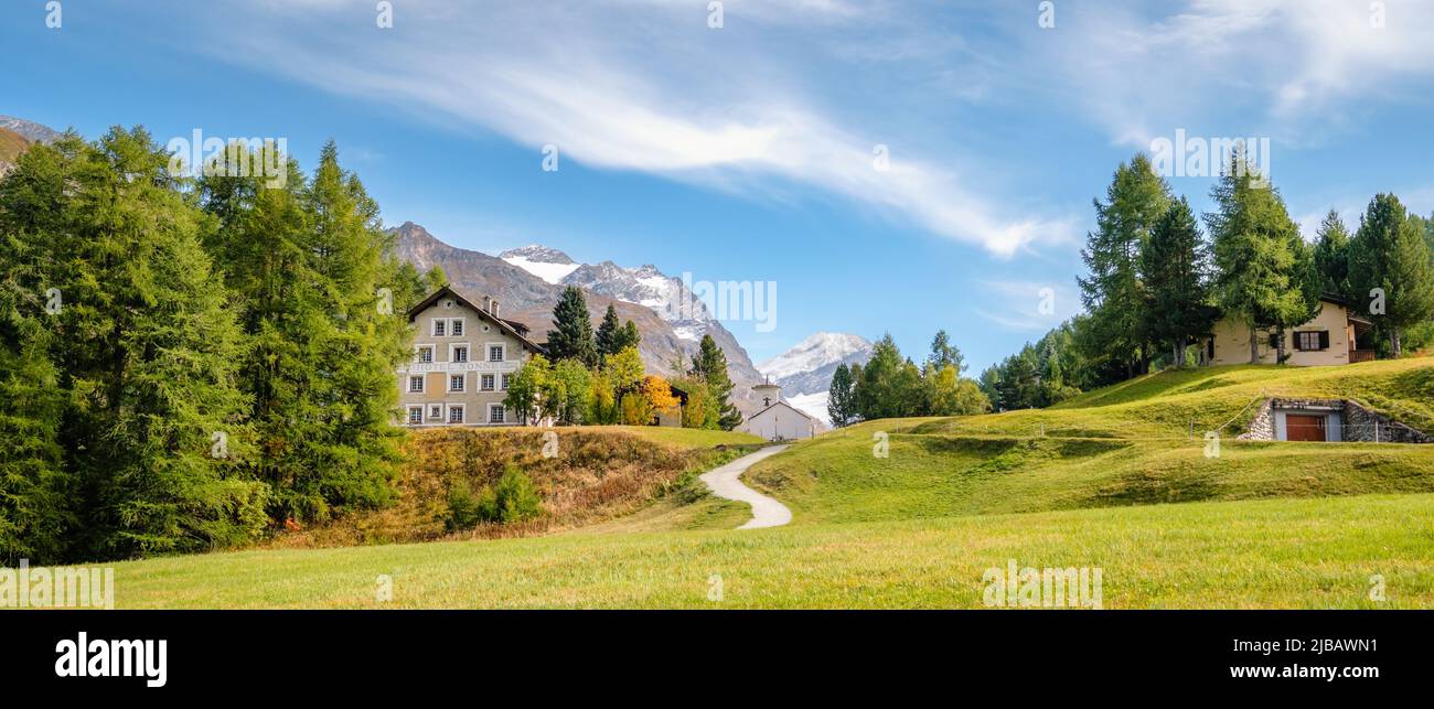 Val Fex, Switzerland - September 25, 2021: In Crasta, that lies in the Fex Valley (Engadin, Switzerland), stands the church of Santa Margareta Stock Photo
