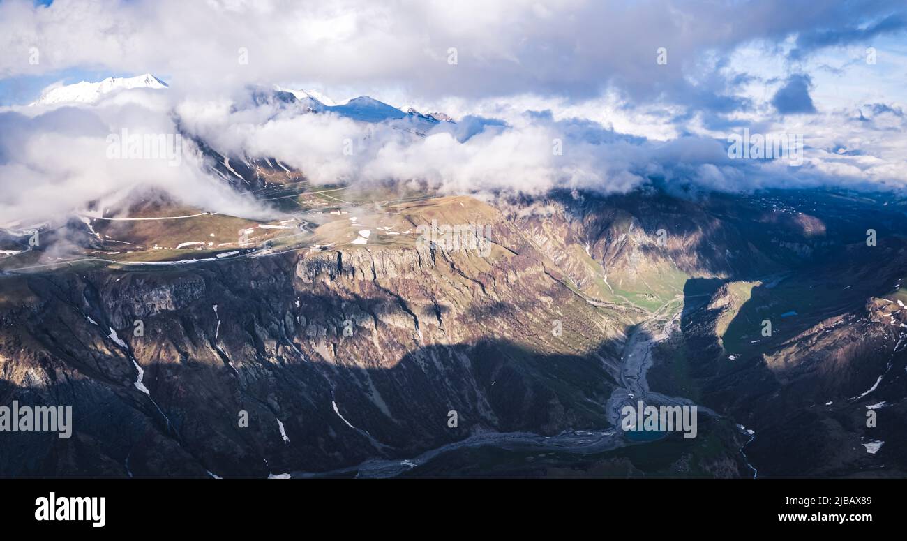 aerial view of great Caucasus mountains, Kazbegi, Georgia. High quality photo Stock Photo