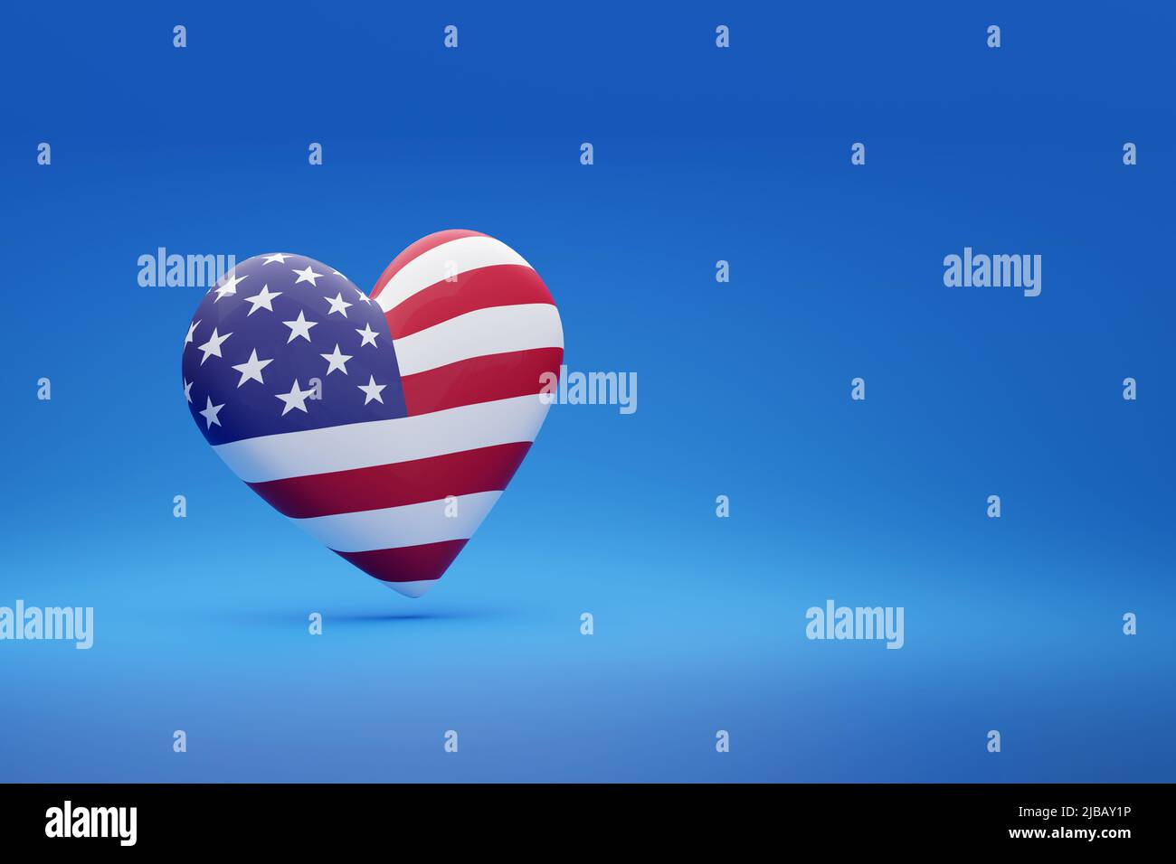 Heart with the colors of the United States flag with copy space. 3d