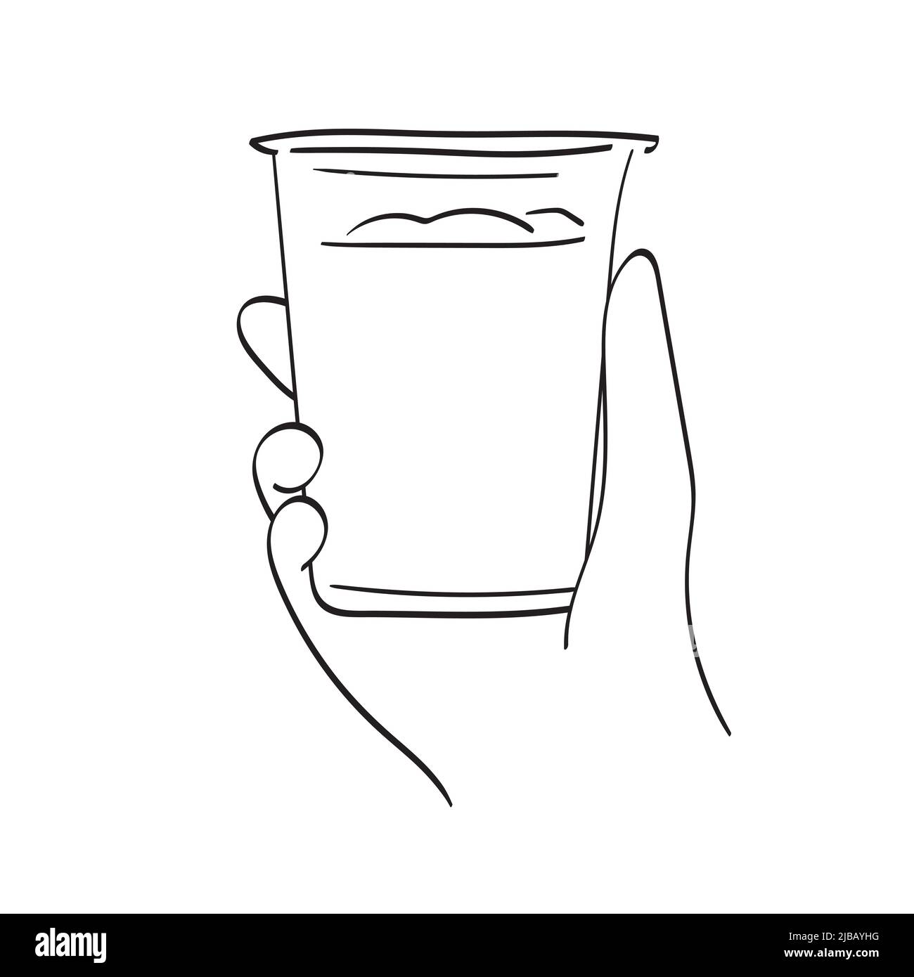 closeup hand holding iced coffee illustration vector hand drawn isolated on white background line art. Stock Vector
