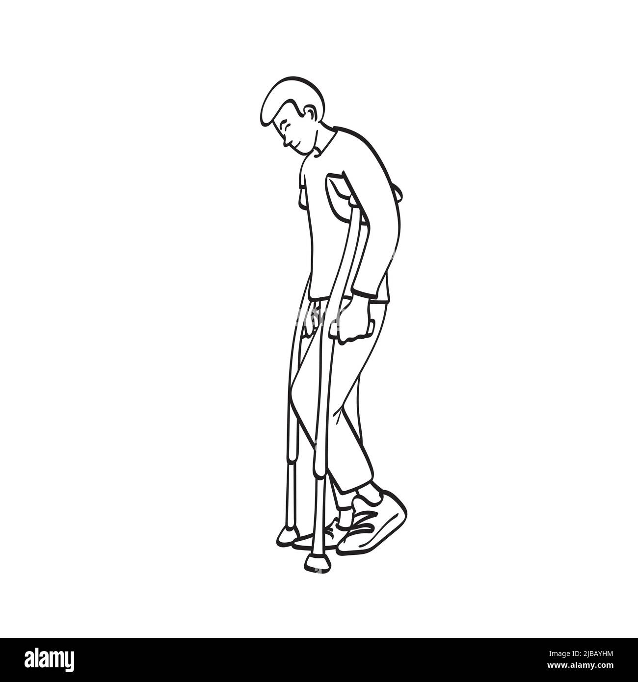 standing male patient with crutches illustration vector hand drawn isolated on white background line art. Stock Vector
