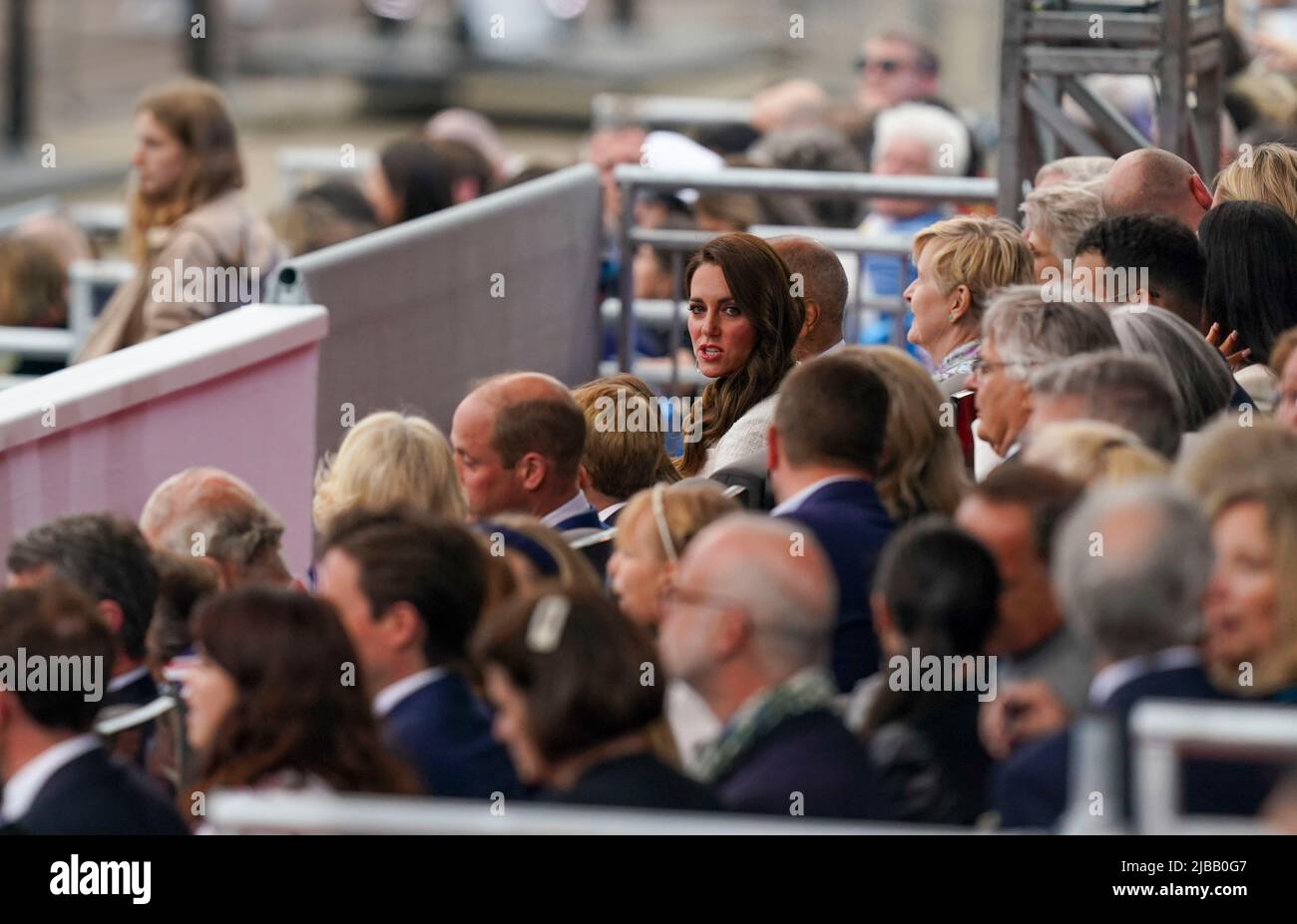 The Duchess of Cambridge (centre) before the Platinum Party at the Palace in the front of Buckingham Palace, London, on day three of the Platinum Jubilee celebrations for Queen Elizabeth II. Picture date: Saturday June 4, 2022. Stock Photo