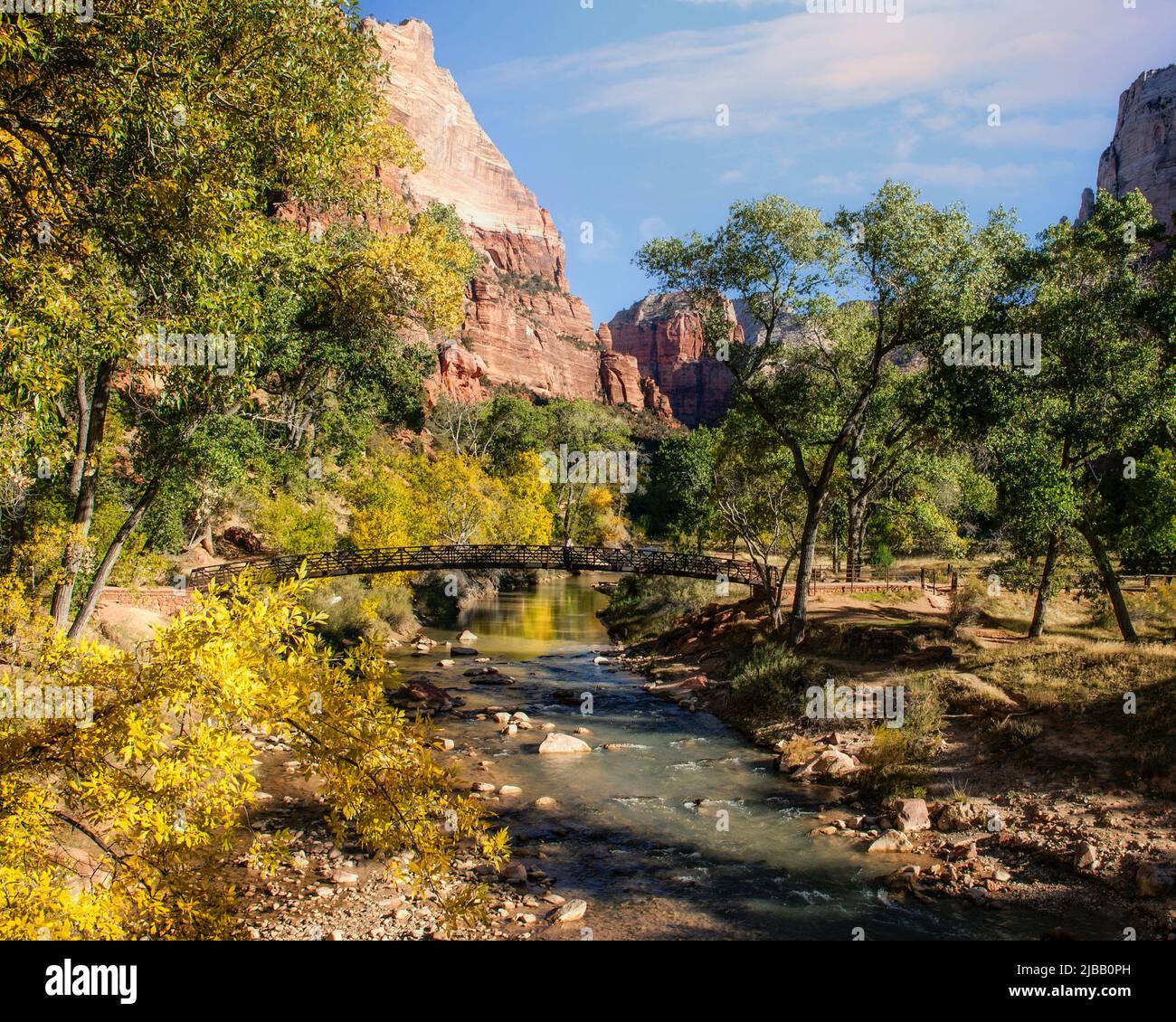 The Virgin River flows through the wide canyon of Zion National Park, Utah. Stock Photo