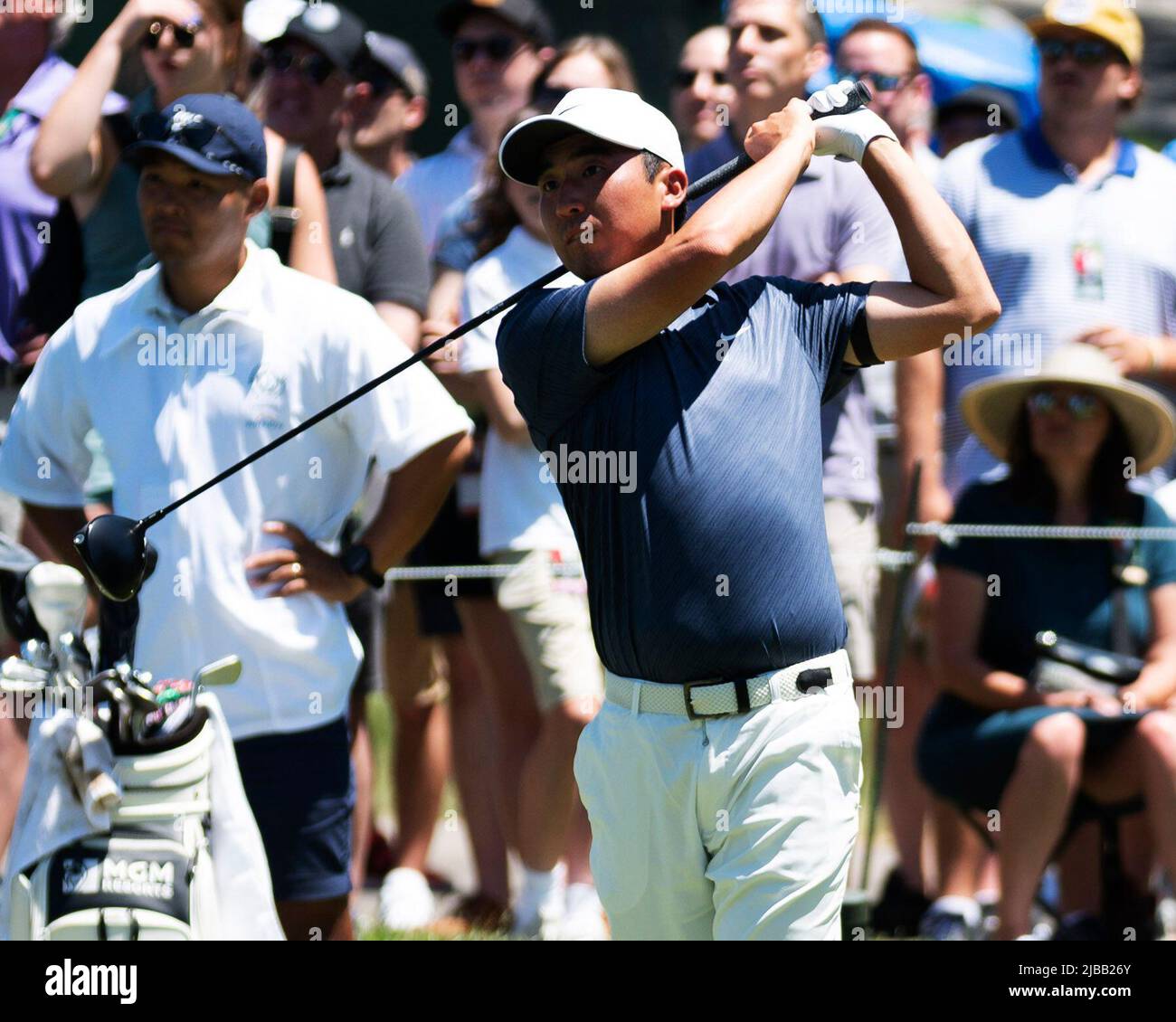 Dublin, Ohio, USA. 4th June, 2020. Doug Ghim (USA) drives on the 15th hole in Round 3 at the Memorial Tournament in Dublin, Ohio. Brent Clark/CSM/Alamy Live News Stock Photo