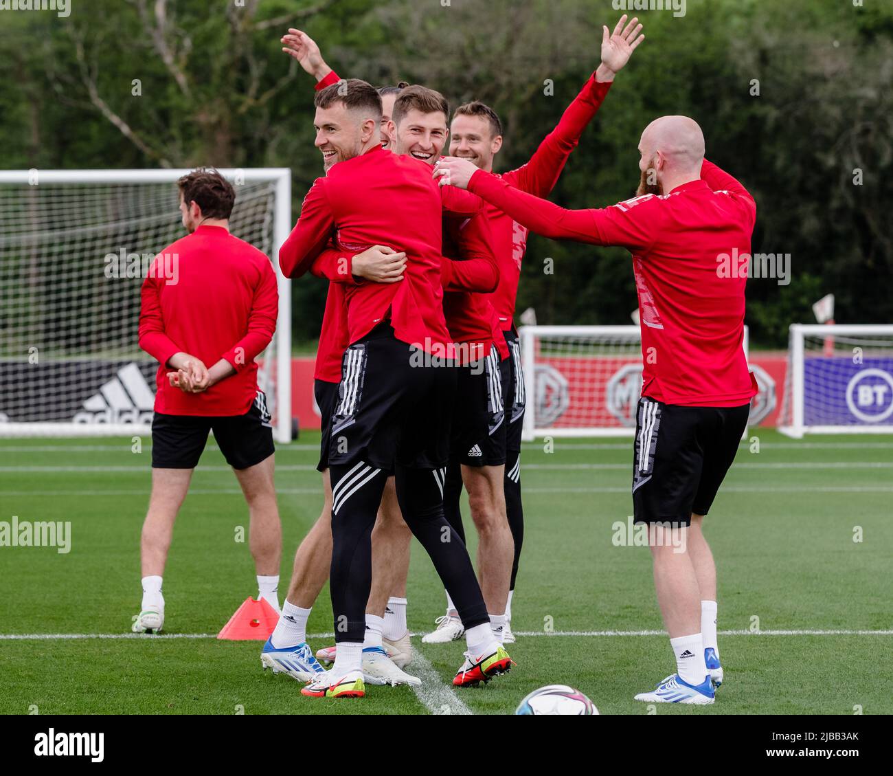 PONTYCLUN, WALES - 04 JUNE 2022: Wales' Aaron Ramsey, Wales' Ben Davies, Wales' Chris Gunter and Wales' Jonny Williams  during a training session at the vale resort ahead of the 2022 FIFA World Cup play-off final v Ukraine at the Cardiff City Stadium on the 5th of June.  (Pic by John Smith/FAW) Stock Photo