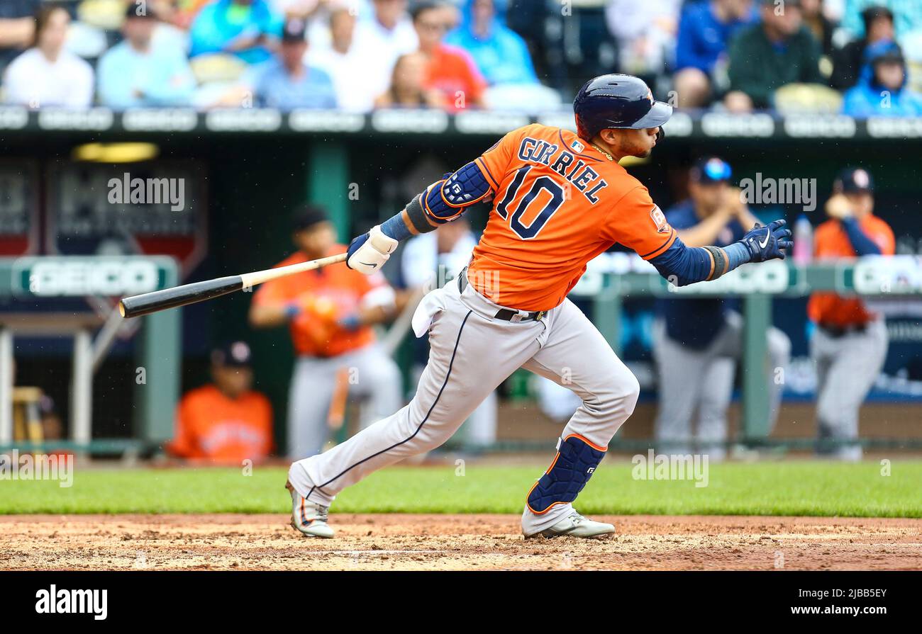 June 4, 2022: Yuli Gurriel (10) of the Houston Astros connects with ball  against the Royals. MLB baseball game between Houston Astros vs Kansas City  Royals, Kauffman Stadium in Kansas City, Kansas