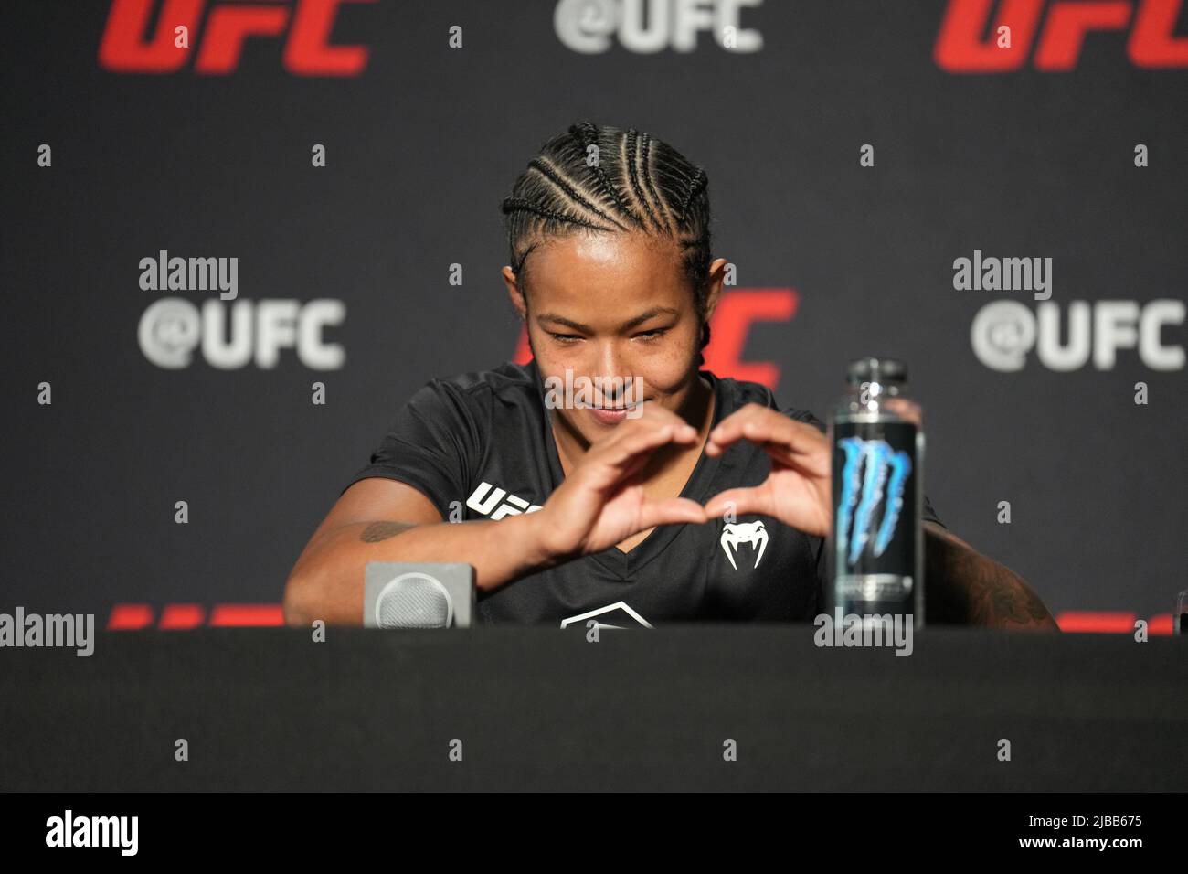 LAS VEGAS, NV - May 4: Karine Silva speaks with the press following the win at UFC Apex for UFC Fight Night - Volkov vs Rozenstruik - Event on June 4, 2022 in LAS VEGAS, United States. (Photo by Louis Grasse/PxImages) Stock Photo