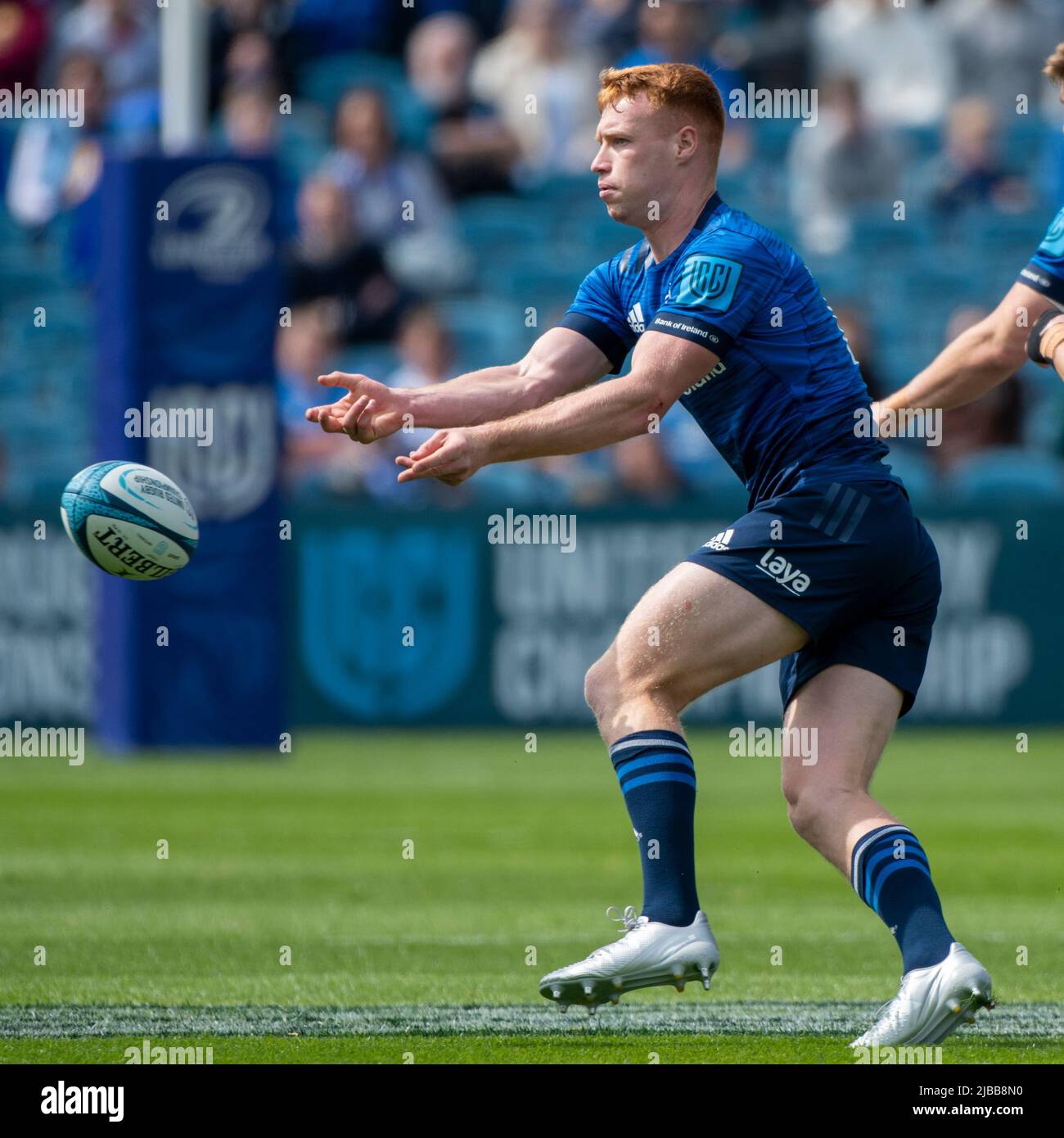 Ciaran Frawley of Leinster in action during the United Rugby Championship Quarter-final match between Leinster Rugby and Glasgow Warriors at RDS Arena in Dublin, Ireland on June 4, 2022 (Photo by Andrew