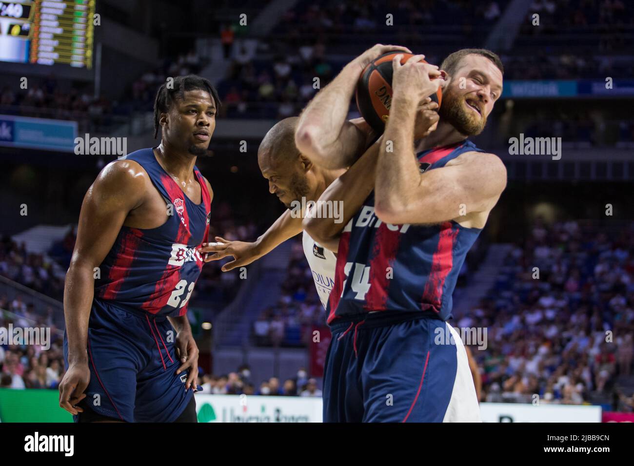 Madrid, Spain. 04th June, 2022. Matt Costello (R) during Liga Endesa Playoff 2022 semifinals game 2 between Real Madrid and Bitci Baskonia celebrated at Wizink Center in Madrid (Spain), June 4th 2022. Real Madrid won 83 - 71 (Photo by Juan Carlos García Mate/Pacific Press/Sipa USA) Credit: Sipa USA/Alamy Live News Stock Photo