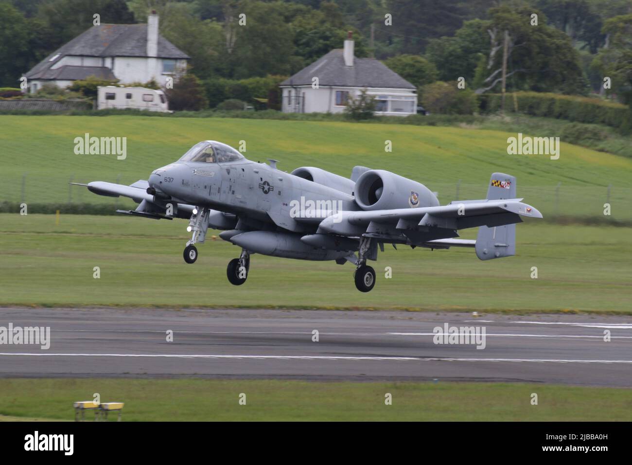 78-0637, a Fairchild Republic A-10C Thunderbolt II (or Warthog) operated by the 175th Wing of the Maryland Air National Guard of the United States Air Force, arriving at Prestwick International Airport in Ayrshire. The aircraft was one of ten A-10Cs routing through Prestwick on their journey from Latvia back to the USA, after participating in Exercise Swift Response. Stock Photo