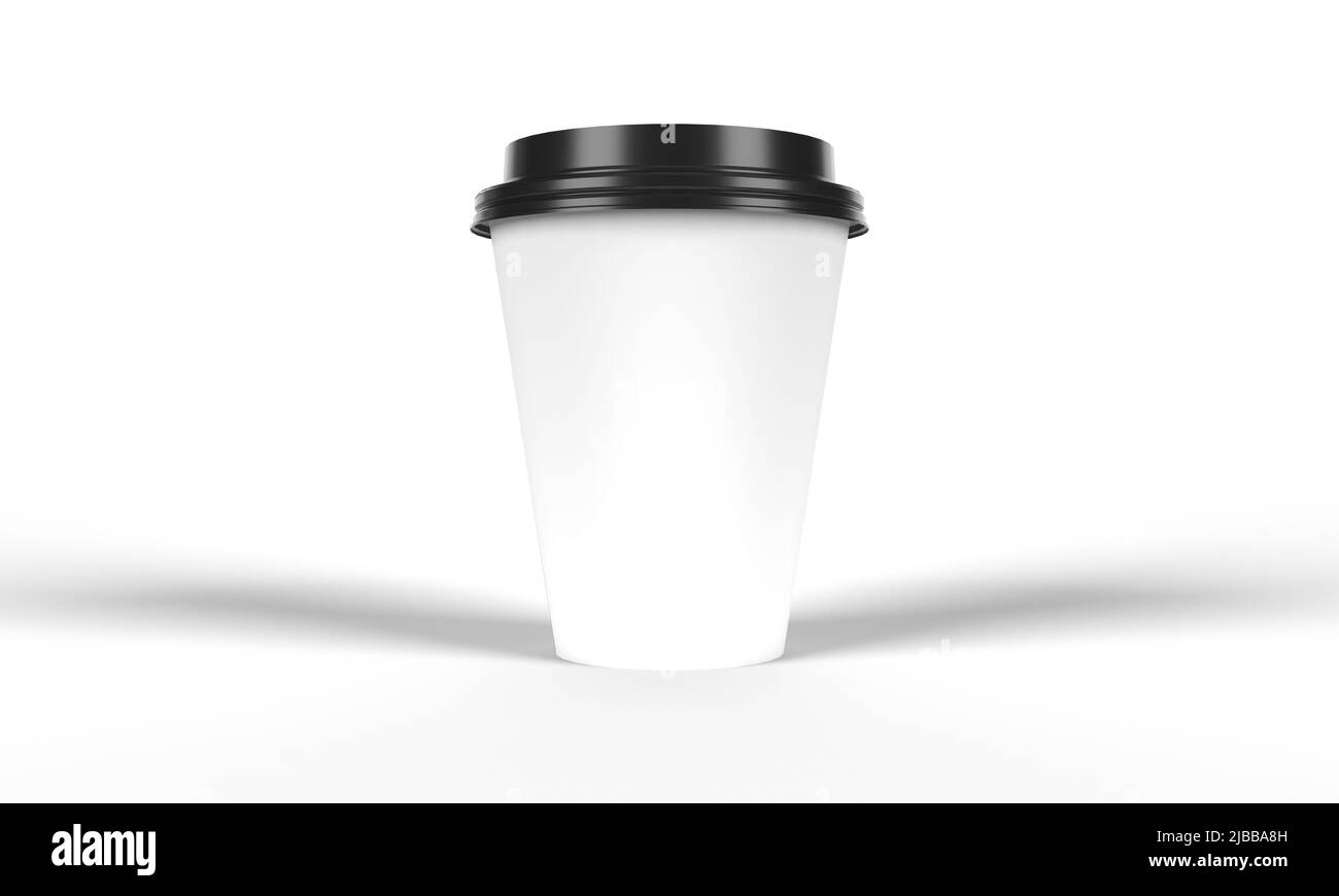 Disposable Coffee Drinking Take-away Paper Cup, Front View. Isolated on a white background. 3D Render Illustration for Mockups. Stock Photo