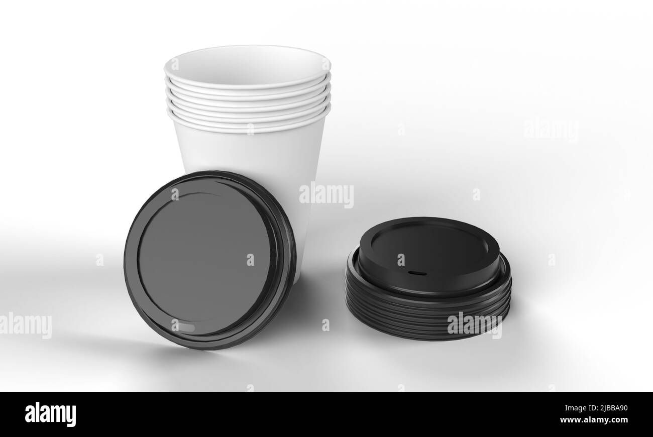 Stacked disposable paper coffee cups with stacked black plastic lids. Isolated on white background for mockup and illustrations. 3d Render. Stock Photo