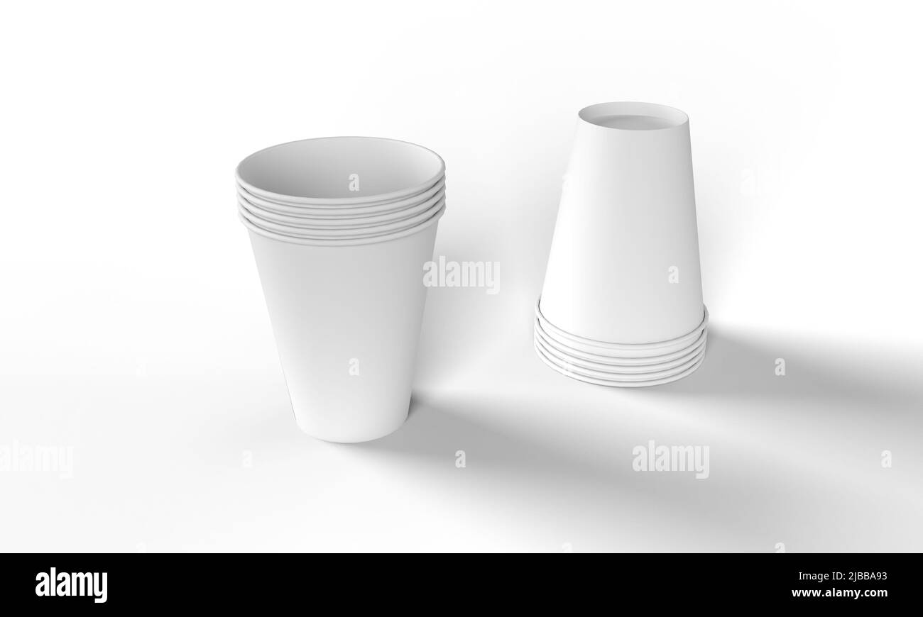 Stacked take away paper coffee drink cups right way up and up side down views isolated on white background. 3D render Illustration for mockup Stock Photo
