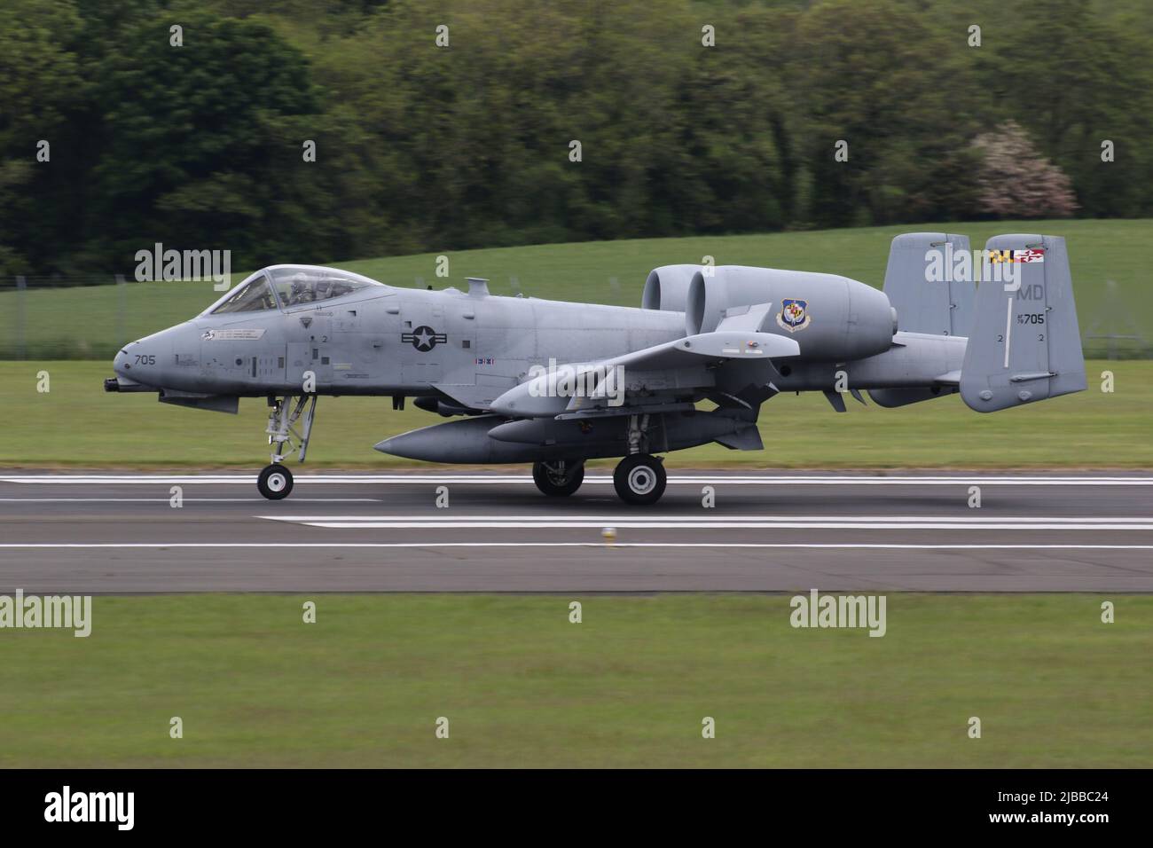 78-0705, a Fairchild Republic A-10C Thunderbolt II (or Warthog) operated by the 175th Wing of the Maryland Air National Guard of the United States Air Force, arriving at Prestwick International Airport in Ayrshire. The aircraft was one of ten A-10Cs routing through Prestwick on their journey from Latvia back to the USA, after participating in Exercise Swift Response. Stock Photo