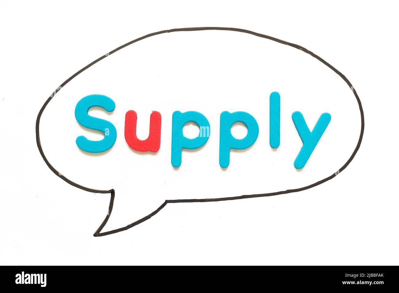 Alphabet letter with word supply in black line hand drawing as bubble