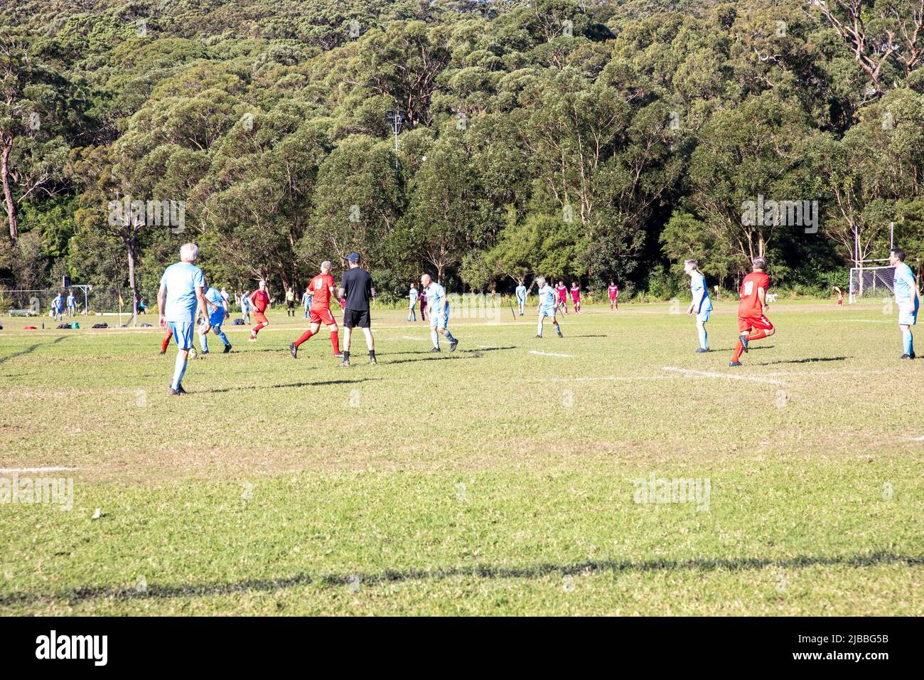 Amateur soccer football match played at Balmoral Oval in Mosman,Sydney, over 45's age group players,Australia Stock Photo