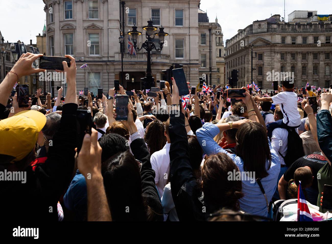 London, UK. 02nd June, 2022. Crowds gather for Trooping the Colour in Trafalgar  Square during the celebration. Royal well wishers gather in Trafalgar Square  to celebrate Trooping the Colour as part of