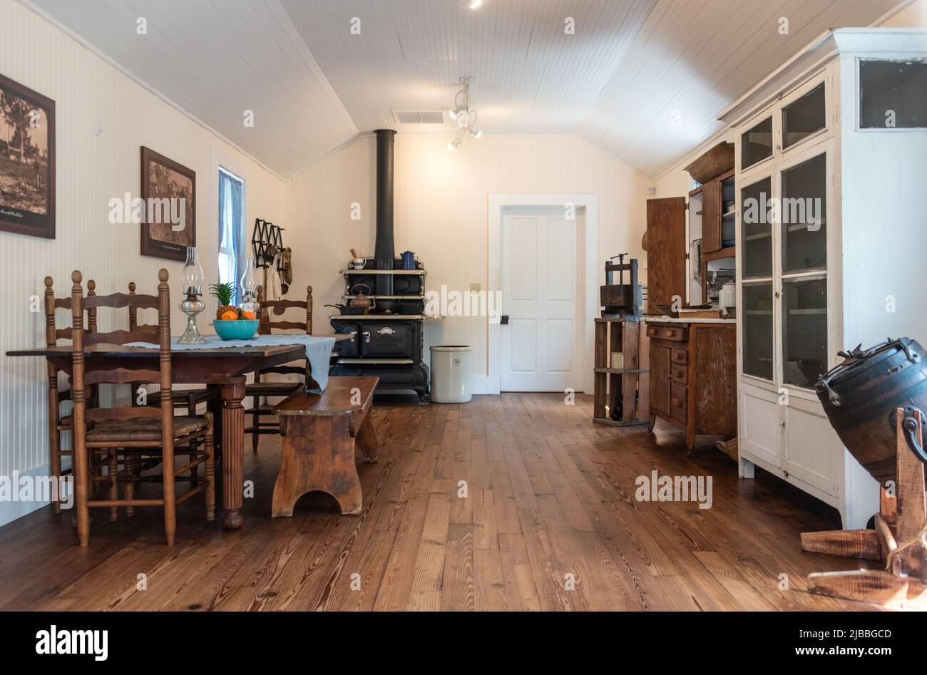 Kitchen of the Tindall Pioneer Homestead, a cracker-style house built by George Tindall in 1892, the oldest existing home in Palm Beach County, FL. Stock Photo