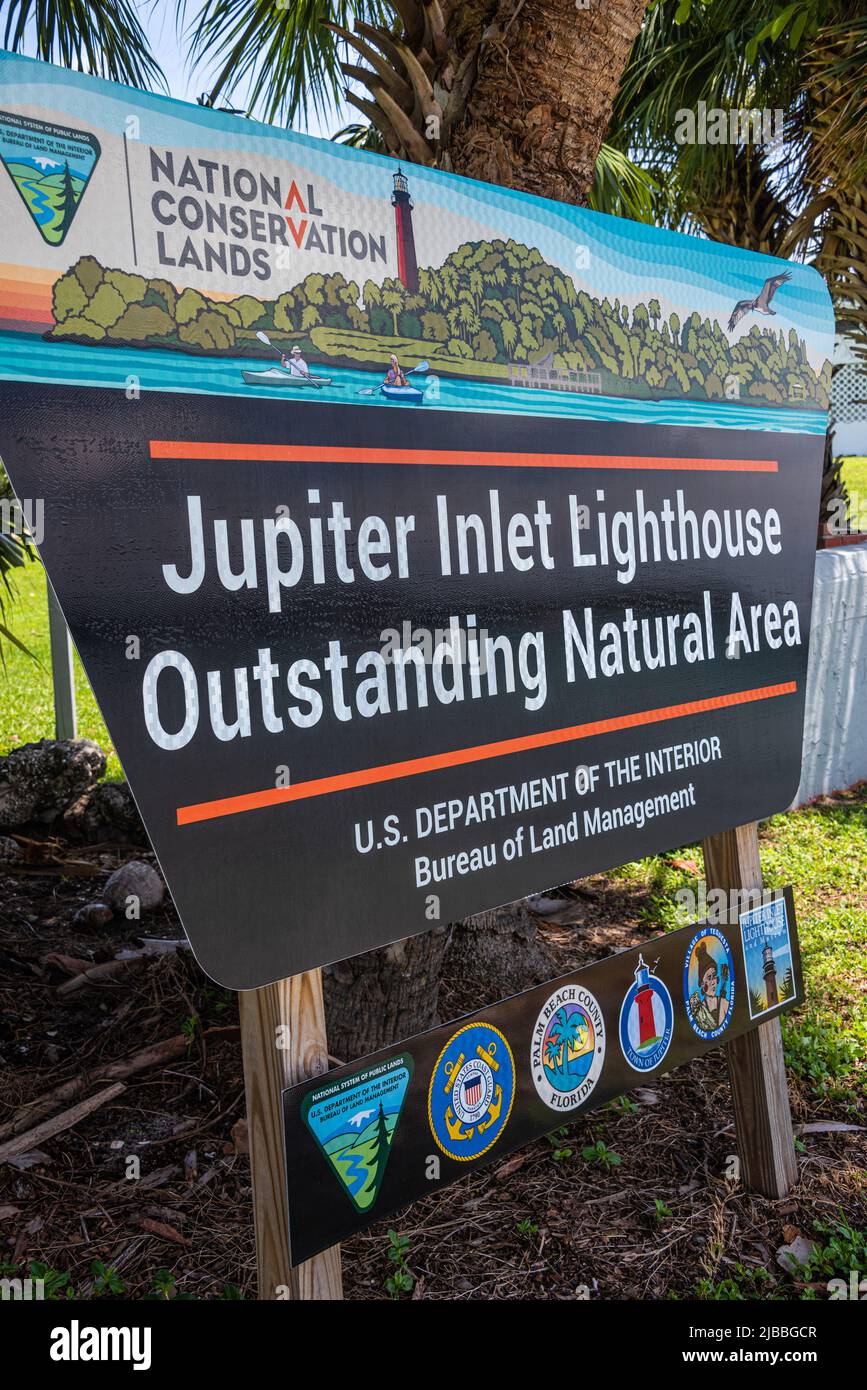 Shoreline sign along the Jupiter Inlet for the Jupiter Inlet Lighthouse Outstanding Natural Area in Jupiter, Florida. (USA) Stock Photo