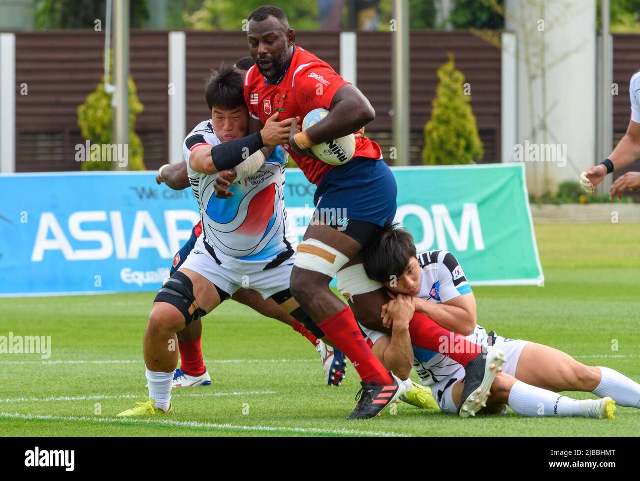 Incheon, South Korea. 04th June, 2022. Malaysia's Dinesvaran Al Krishnan is  tackled during the Asia Rugby Championship 2022 match between South Korea  and Malaysia at Namdong Asiad Rugby Stadium. South Korea beat