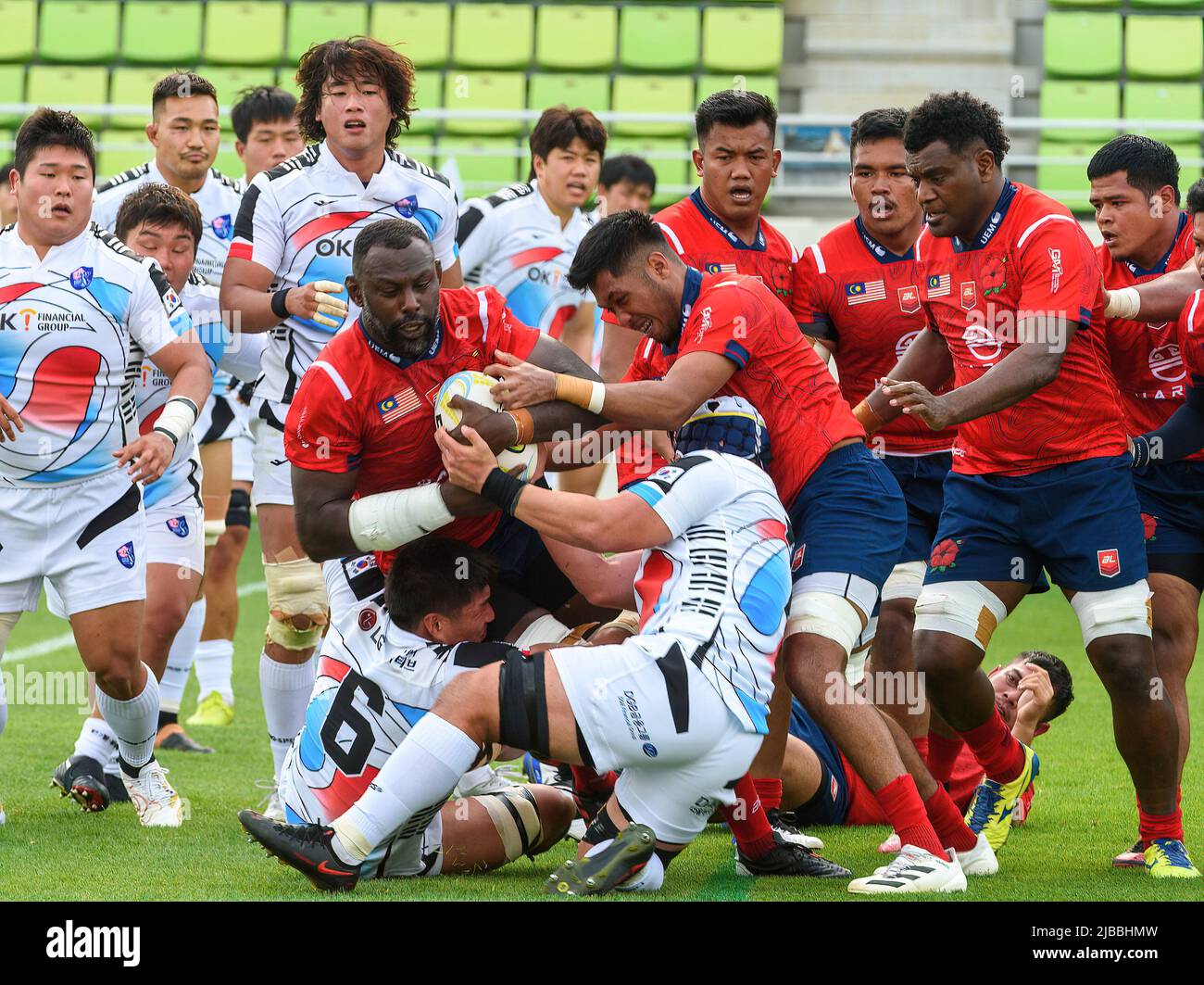 Incheon, South Korea. 04th June, 2022. Malaysia's Dinesvaran Al Krishnan is  tackled during the Asia Rugby Championship 2022 match between South Korea  and Malaysia at Namdong Asiad Rugby Stadium. South Korea beat