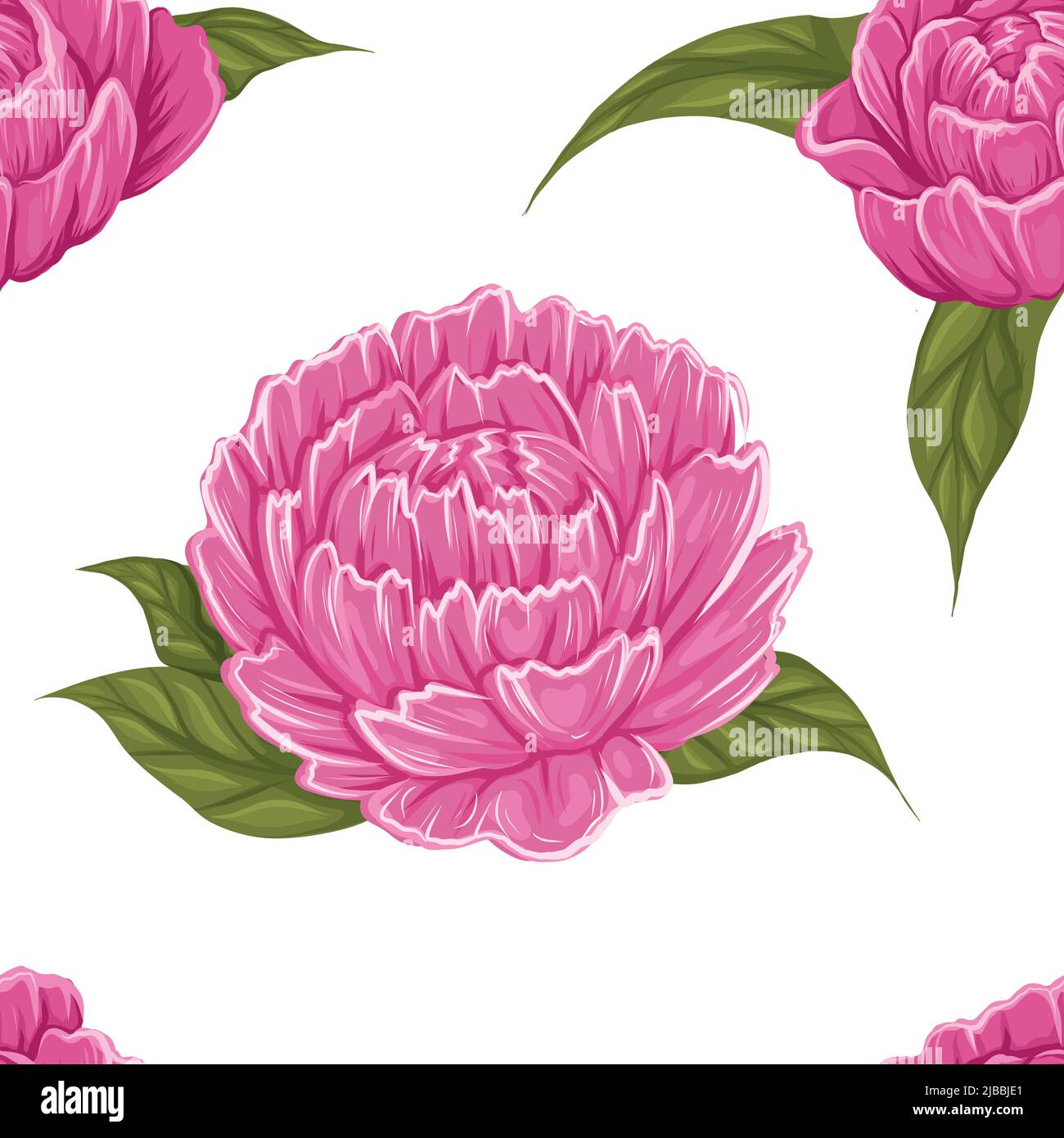 Vector seamless pattern with big peony flowers with foliage on white ...