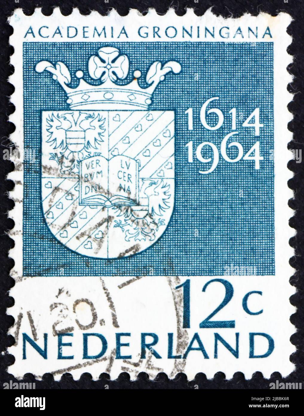 NETHERLANDS - CIRCA 1964: a stamp printed in the Netherlands shows Arms of Groningen University, 350th anniversary of the University of Groningen, cir Stock Photo