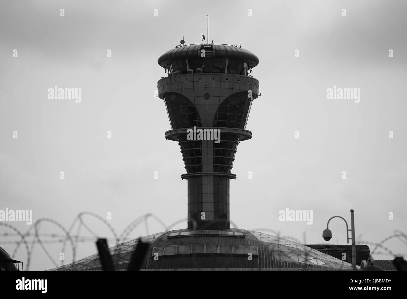 Airport tower, Liuting International Airport, Black and White Stock Photo