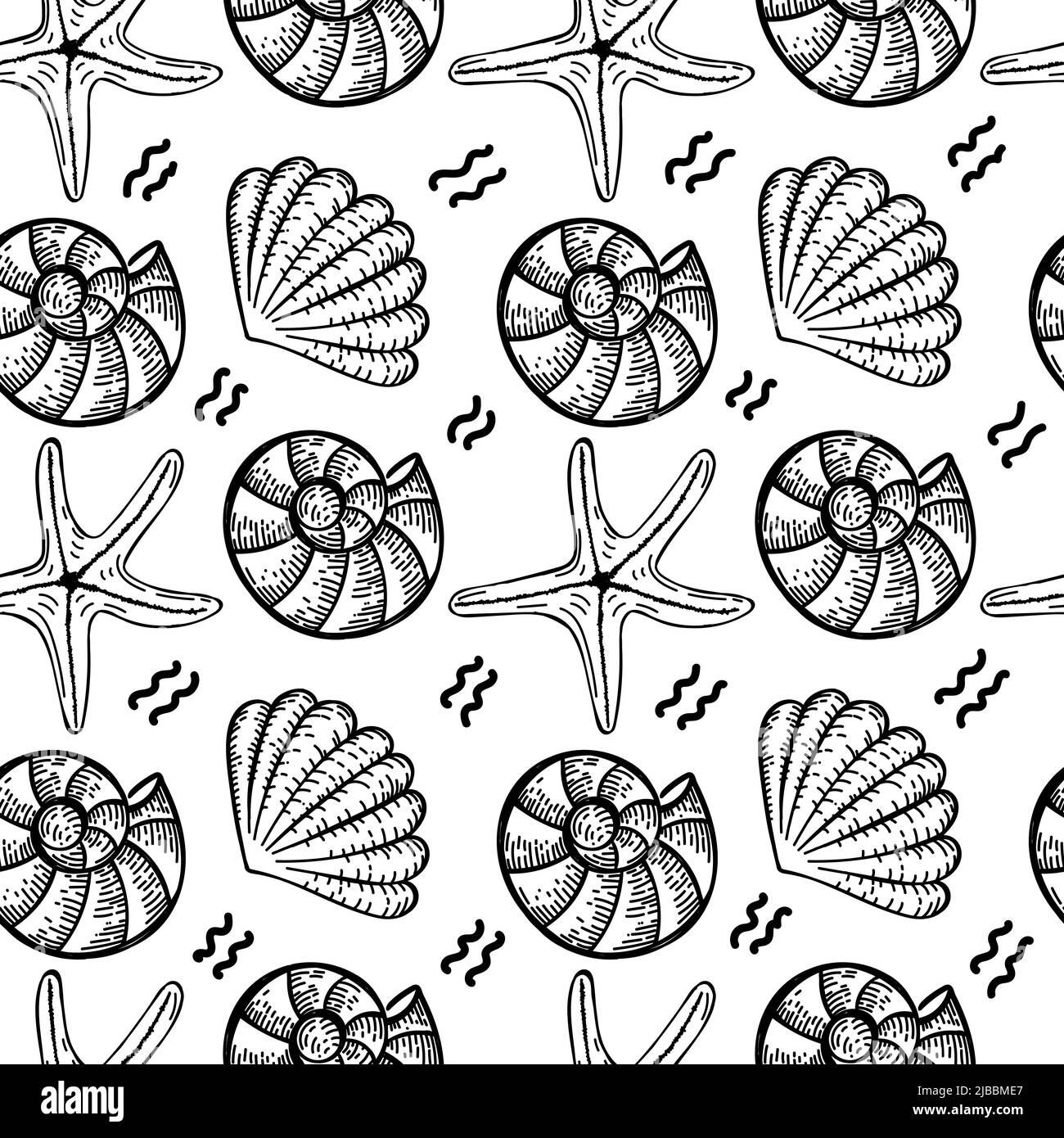 Seamless pattern of sea creatures, hand-drawn in sketch style. Shells and starfish. White background. Isolated. Summer. Ocean. Flat design. Vector sim Stock Vector