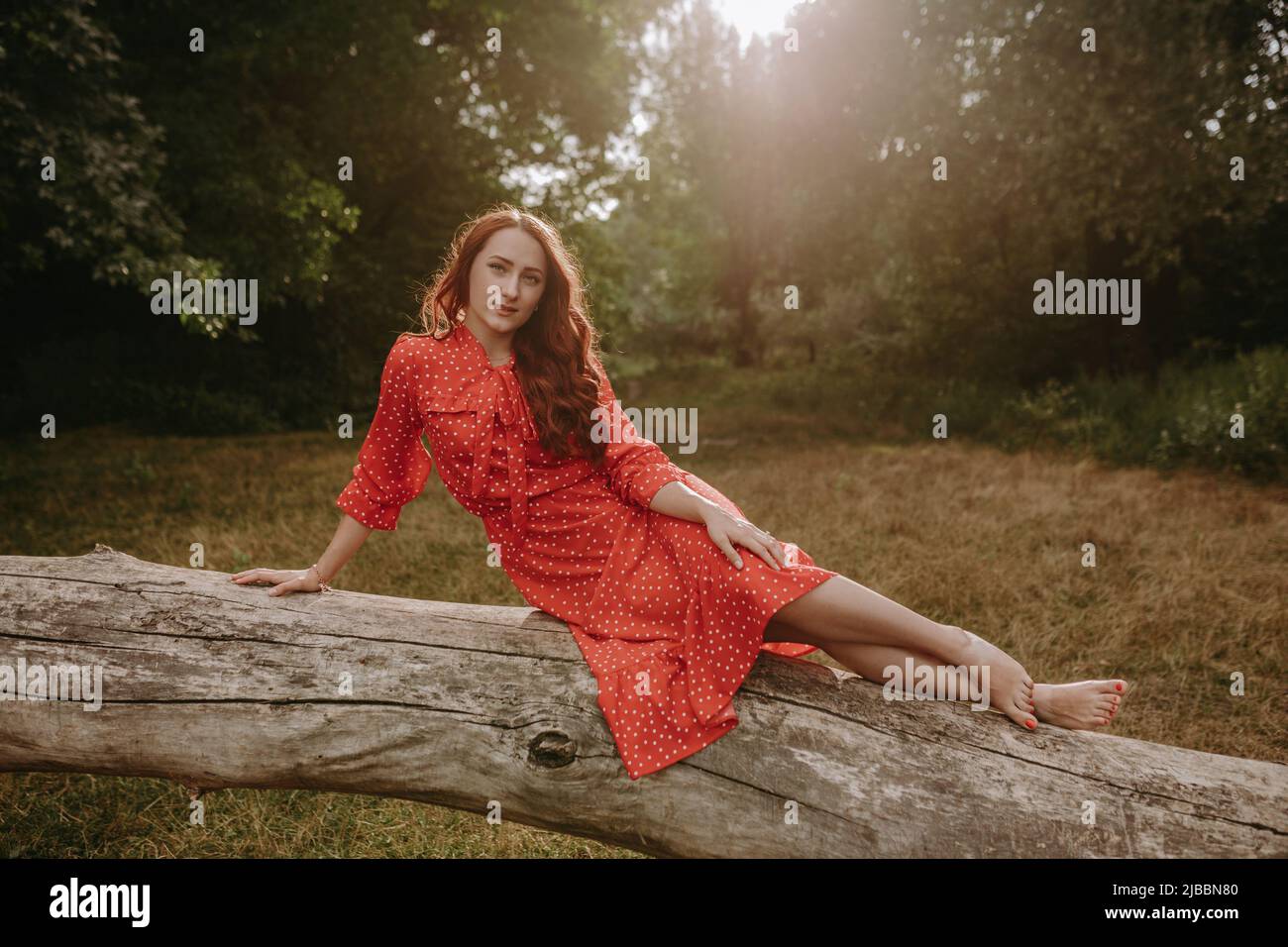 a young and beautiful woman in a red summer dress with white flecks lying on one side a fallen dry tree trunk in the middle of the forest Stock Photo