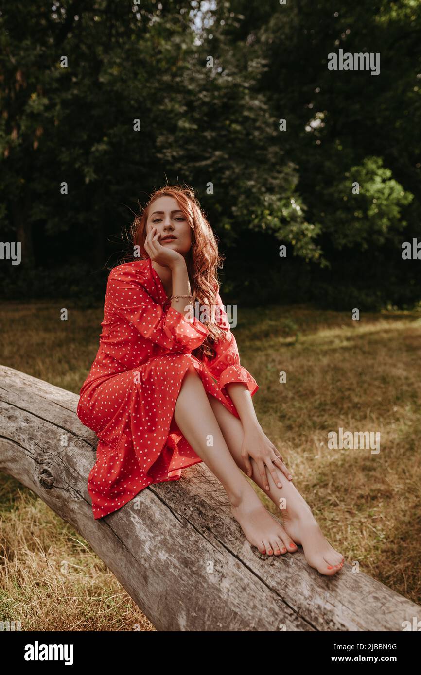 Red dress with shop white spots
