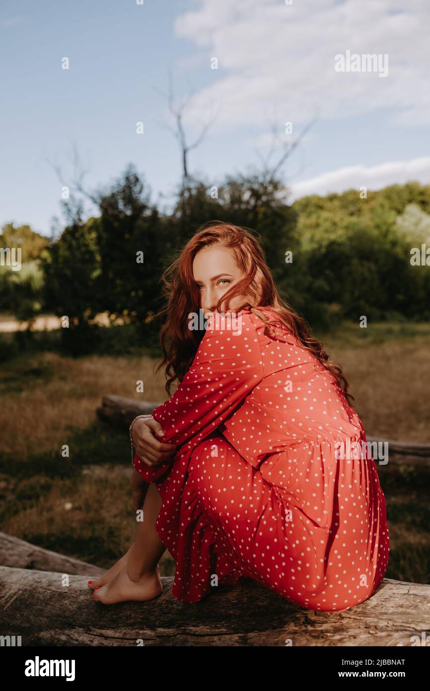 Pretty young adult woman in a red dress with white dots with red hair sitting on a dry fallen tree and posing on a camera. Female model touching her h Stock Photo