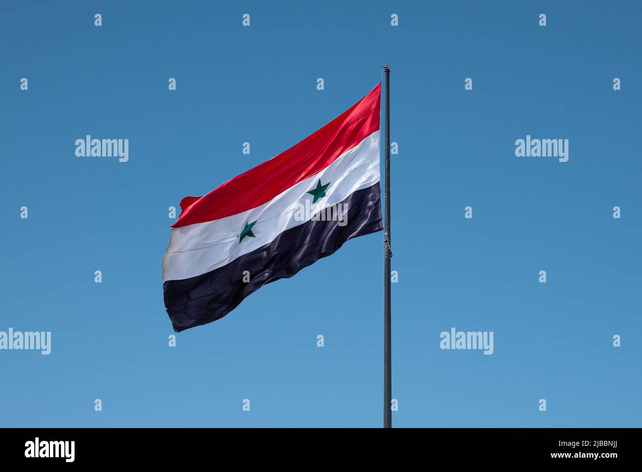 Flag of Syria on a Flagpole Flutters in the Wind Against the Sky