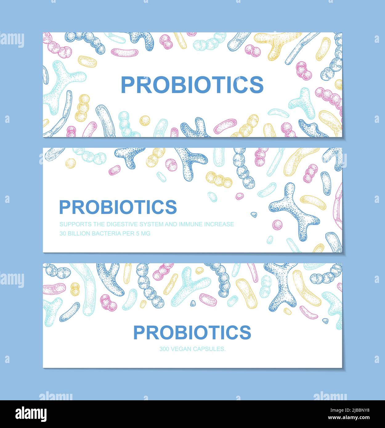 Set of hand drawn probiotics design for packaging and branding. Vector illustration in sketch style. Microscopic bacteria close-up. Biology background Stock Vector