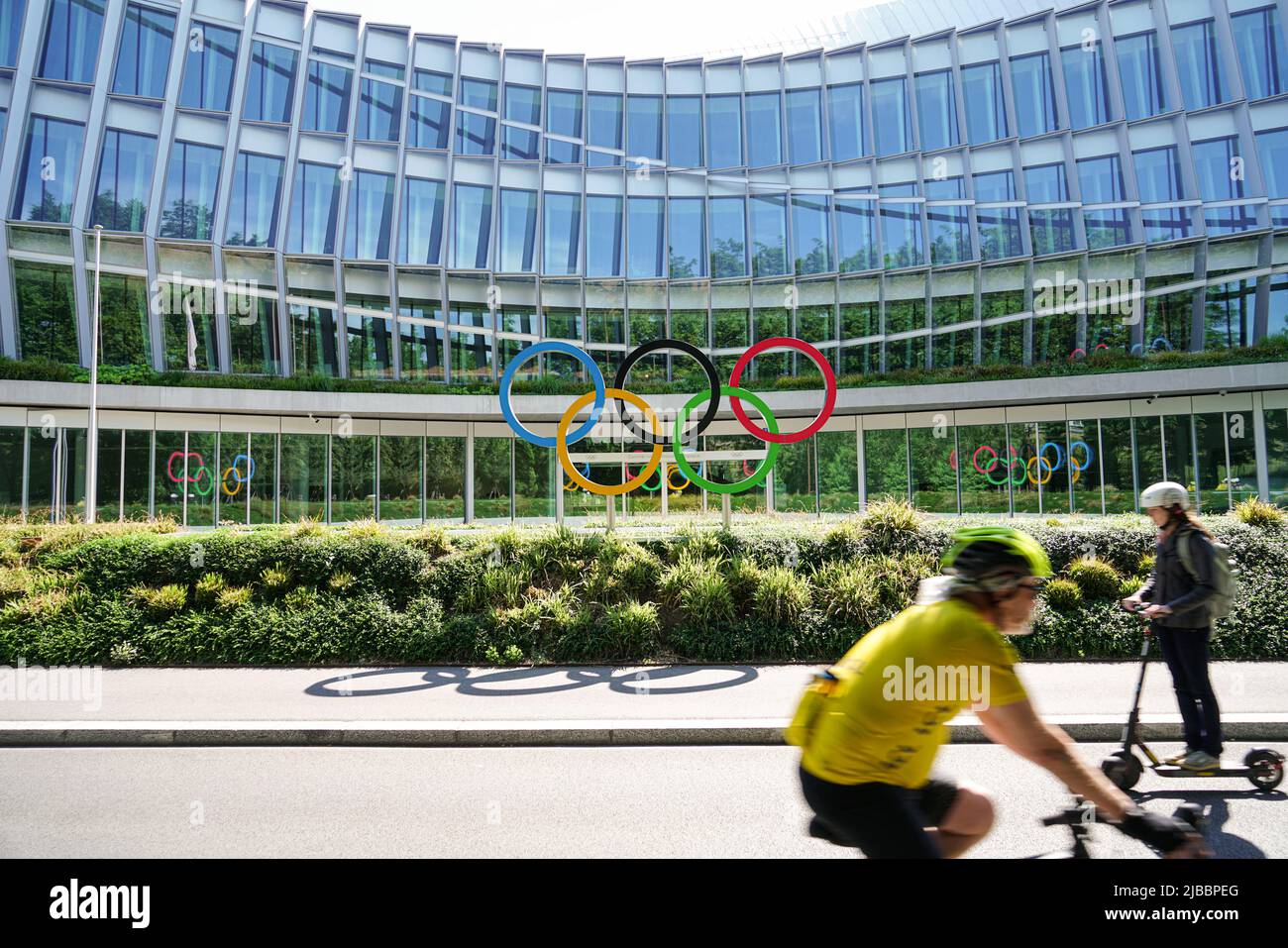 Headquarters International Olympic Committee. Olympic rings. Lausanne, Switzerland - June  2022 Stock Photo