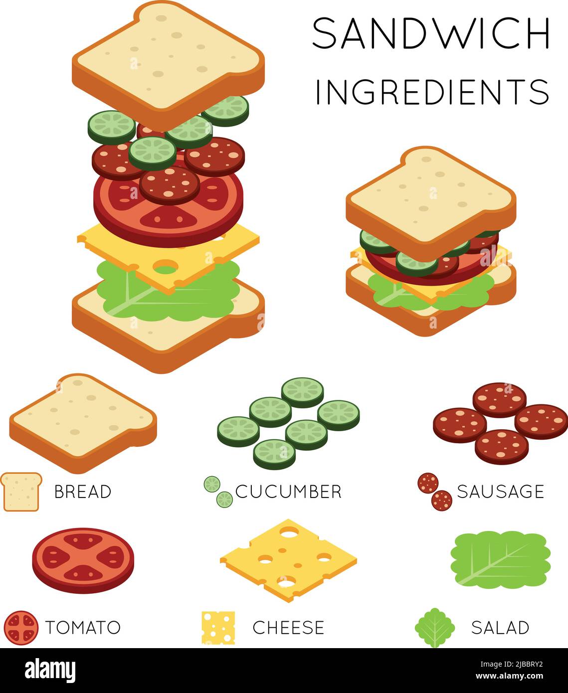 Vector sandwich ingredients in 3D isometric style. Sandwich