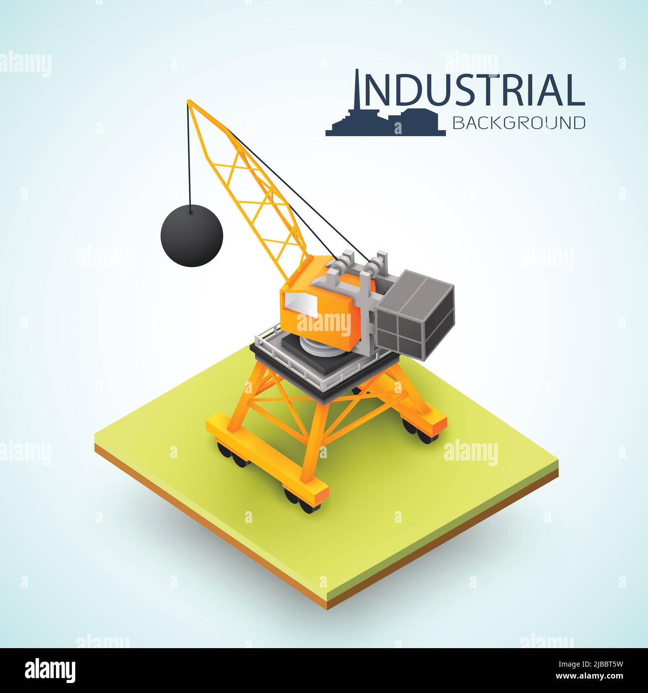 3d isometric excavator and crane with wrecking ball for demolition buildings composition vector illustration Stock Vector