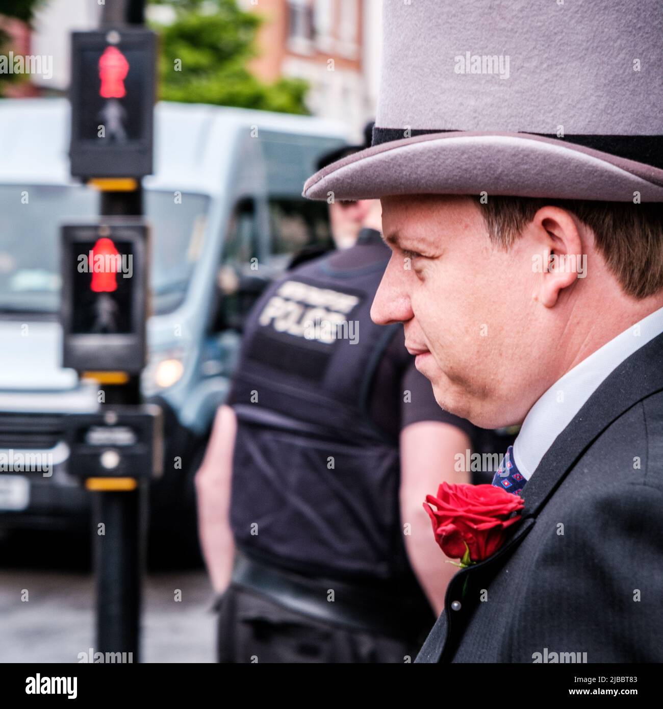 Epsom Surrey, London UK, June 04 2022,  Man Wearing A Traditional Formal Mornig Suit Top Hat Stock Photo