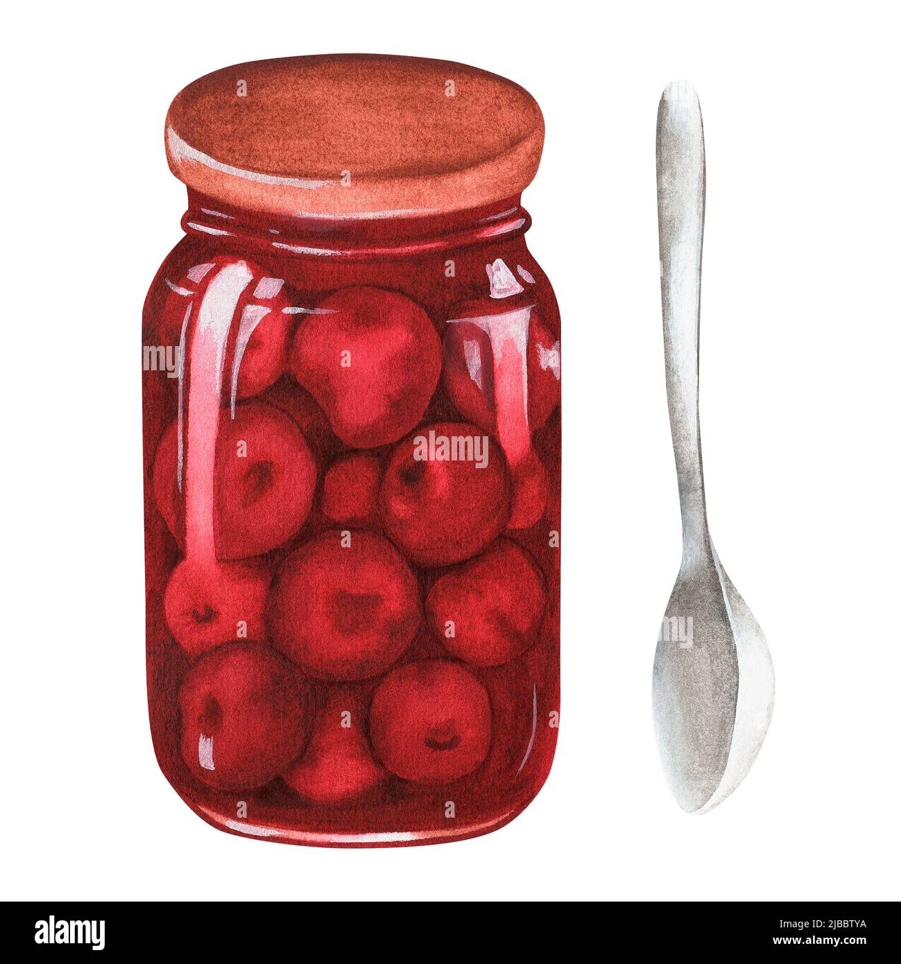 Cherry jam and a spoon. Watercolor illustration. Isolated on a white background. For your design. Suitable for cookbooks, recipes, aprons. Stock Photo