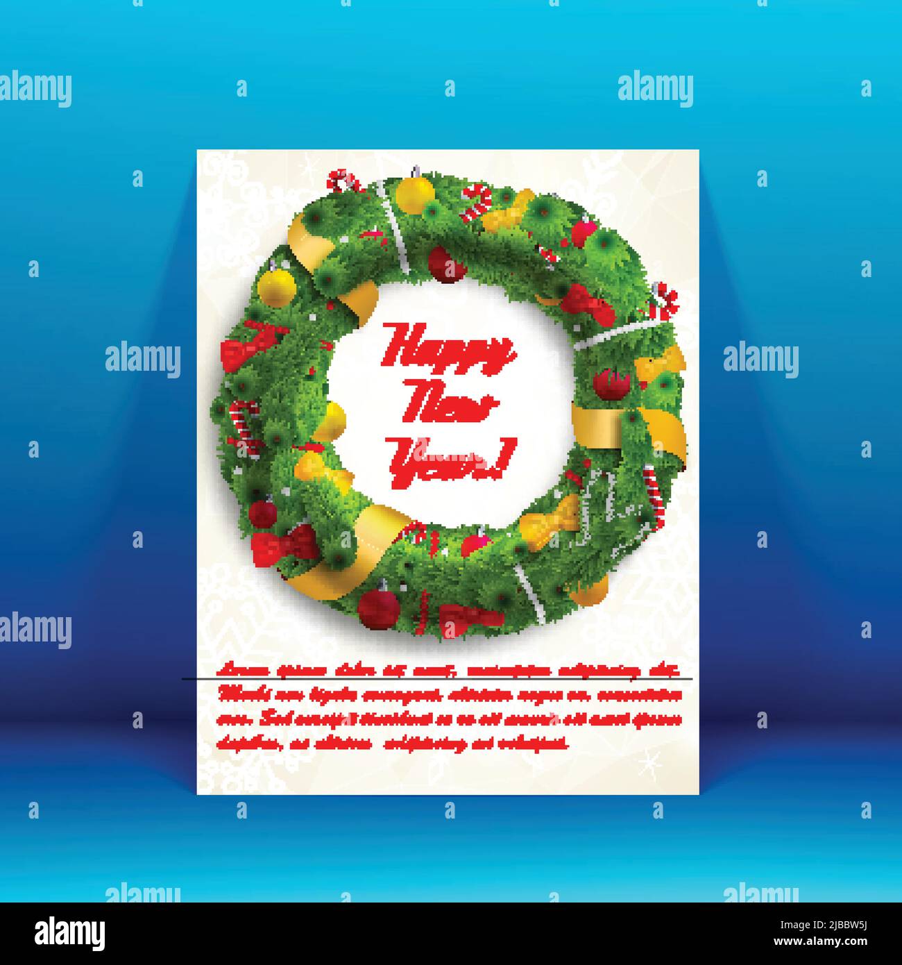 New year holiday card with text field and decorated wreath flat vector illustration Stock Vector