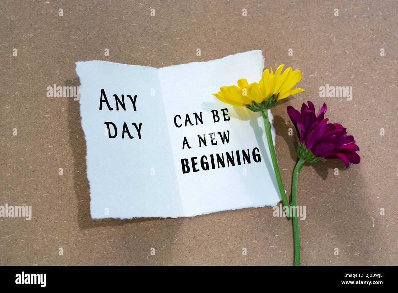 Motivational quote on torn white paper with sunflower on wooden table background Stock Photo