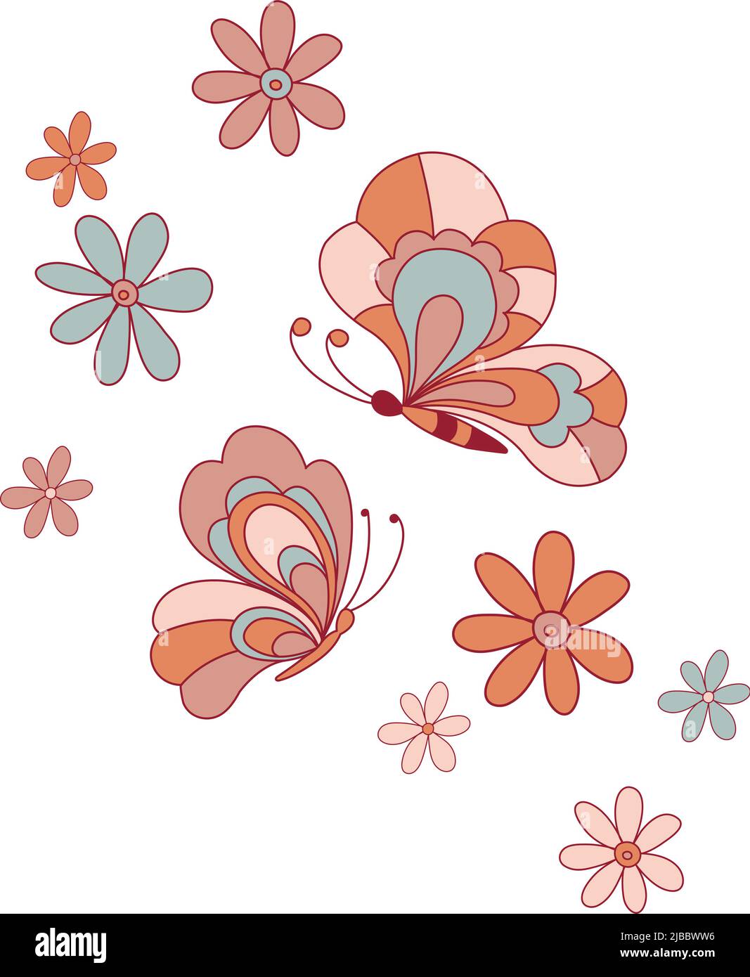 Butterfly among flower Retro 70s 60s Groovy Hippie Flower Power vibes vector illustration isolated on white. Boho Summer retro colours butterflies print for T-shirt.  Stock Vector